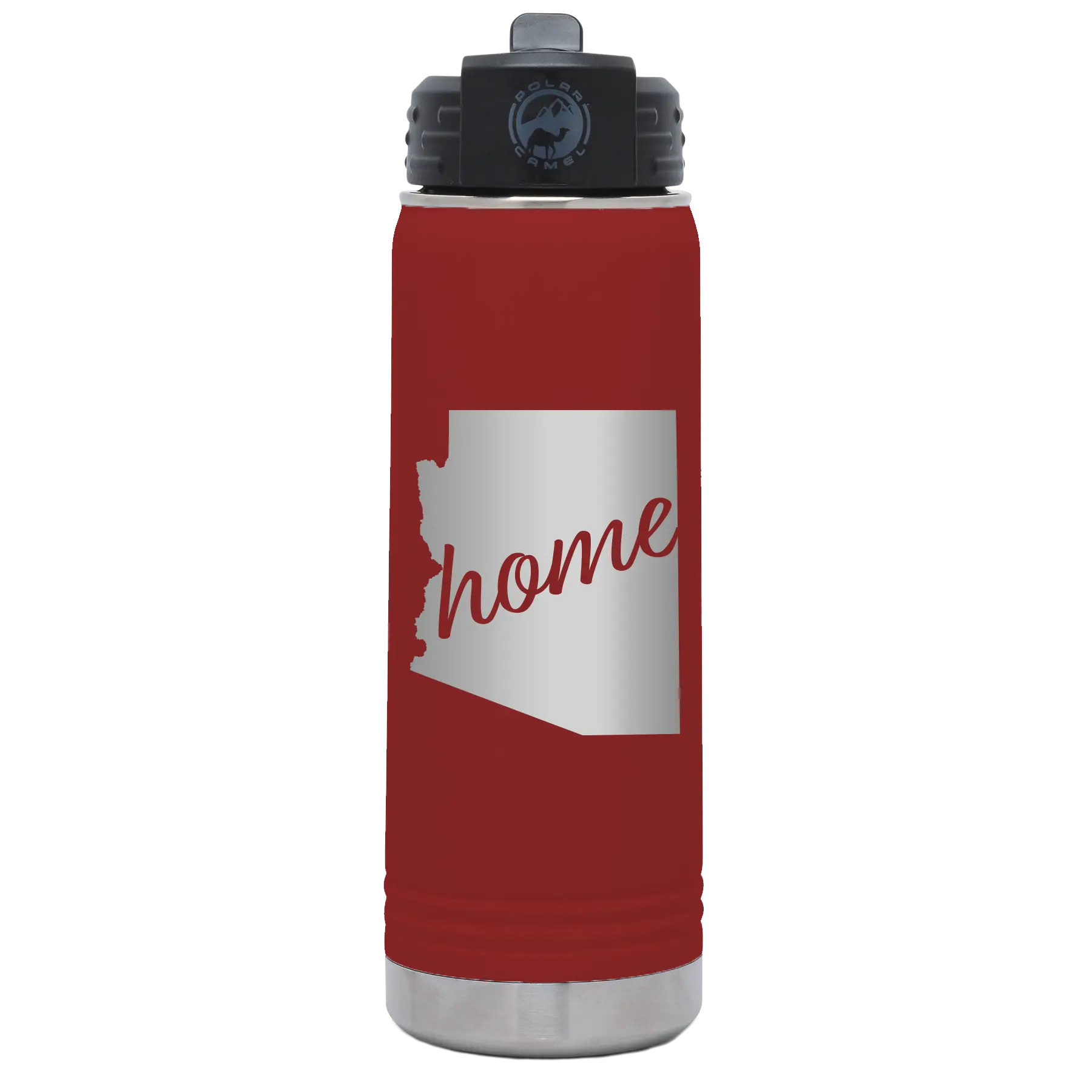 Laser etched maroon 20 oz vacuum insulated water bottle with 'Arizona Home' design