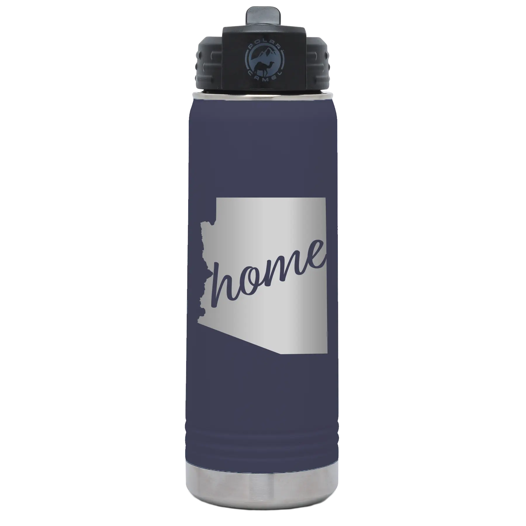 Laser etched navy 20 oz vacuum insulated water bottle with 'Arizona Home' design