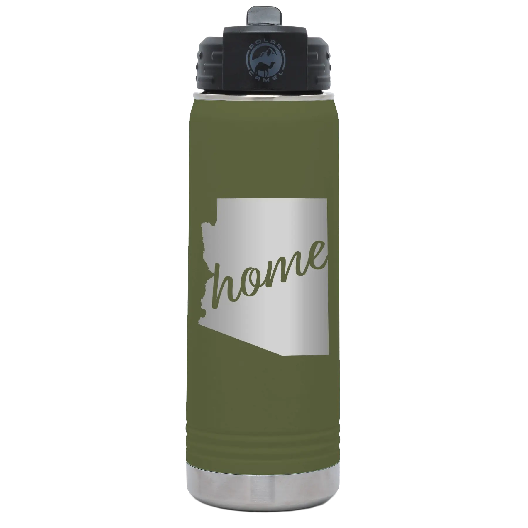 Laser etched olive green 20 oz vacuum insulated water bottle with 'Arizona Home' design