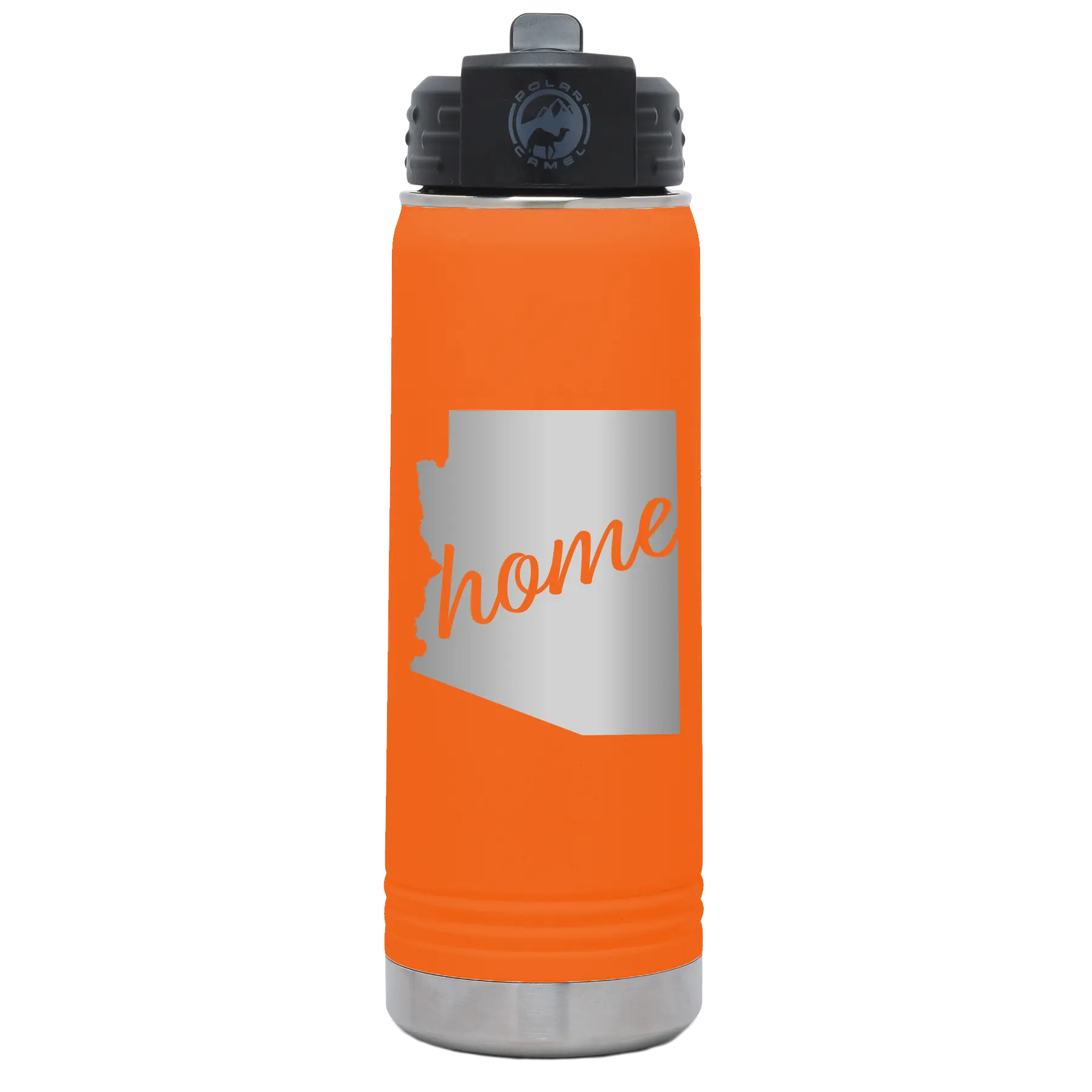 Laser etched orange 20 oz vacuum insulated water bottle with 'Arizona Home' design