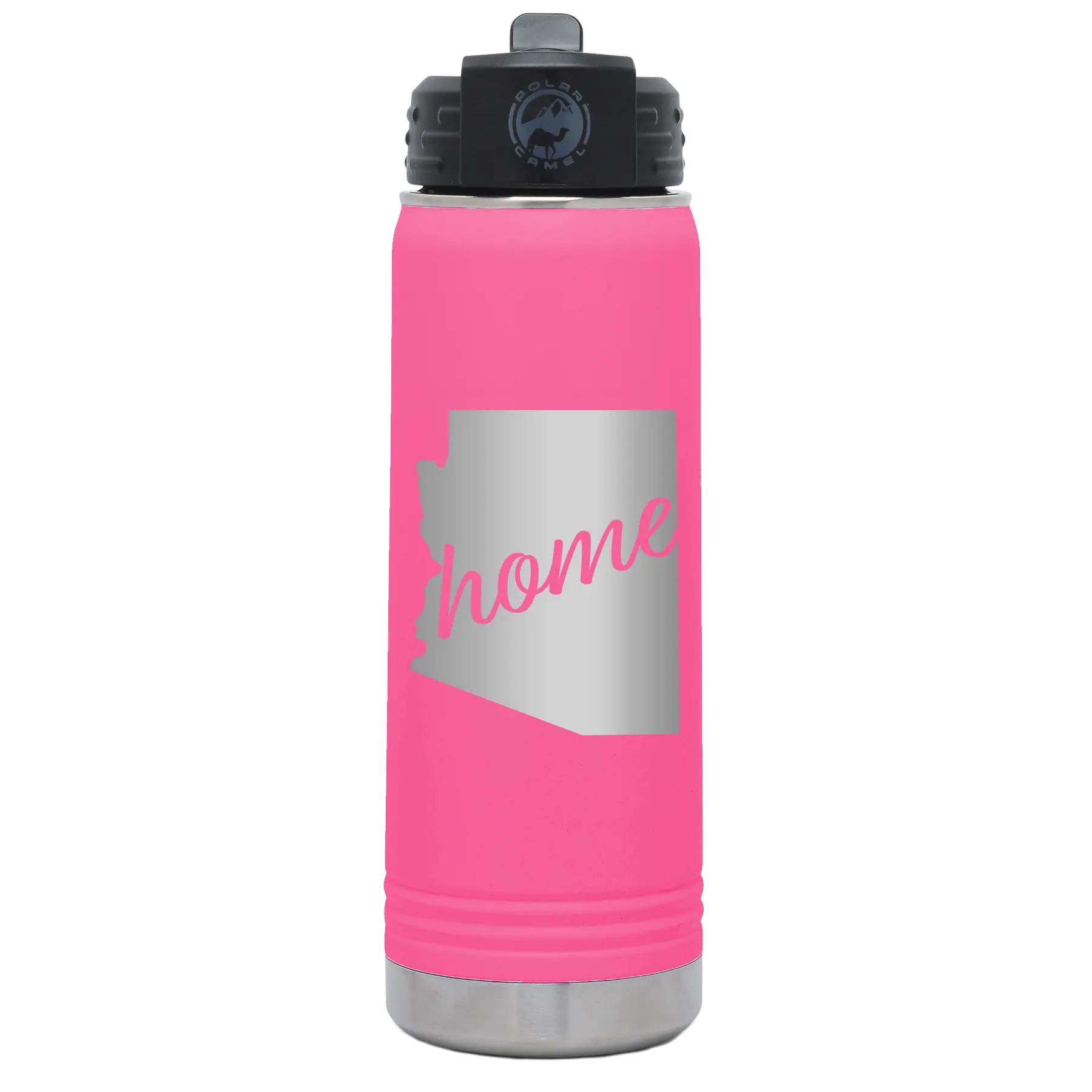 Laser etched pink 20 oz vacuum insulated water bottle with 'Arizona Home' design