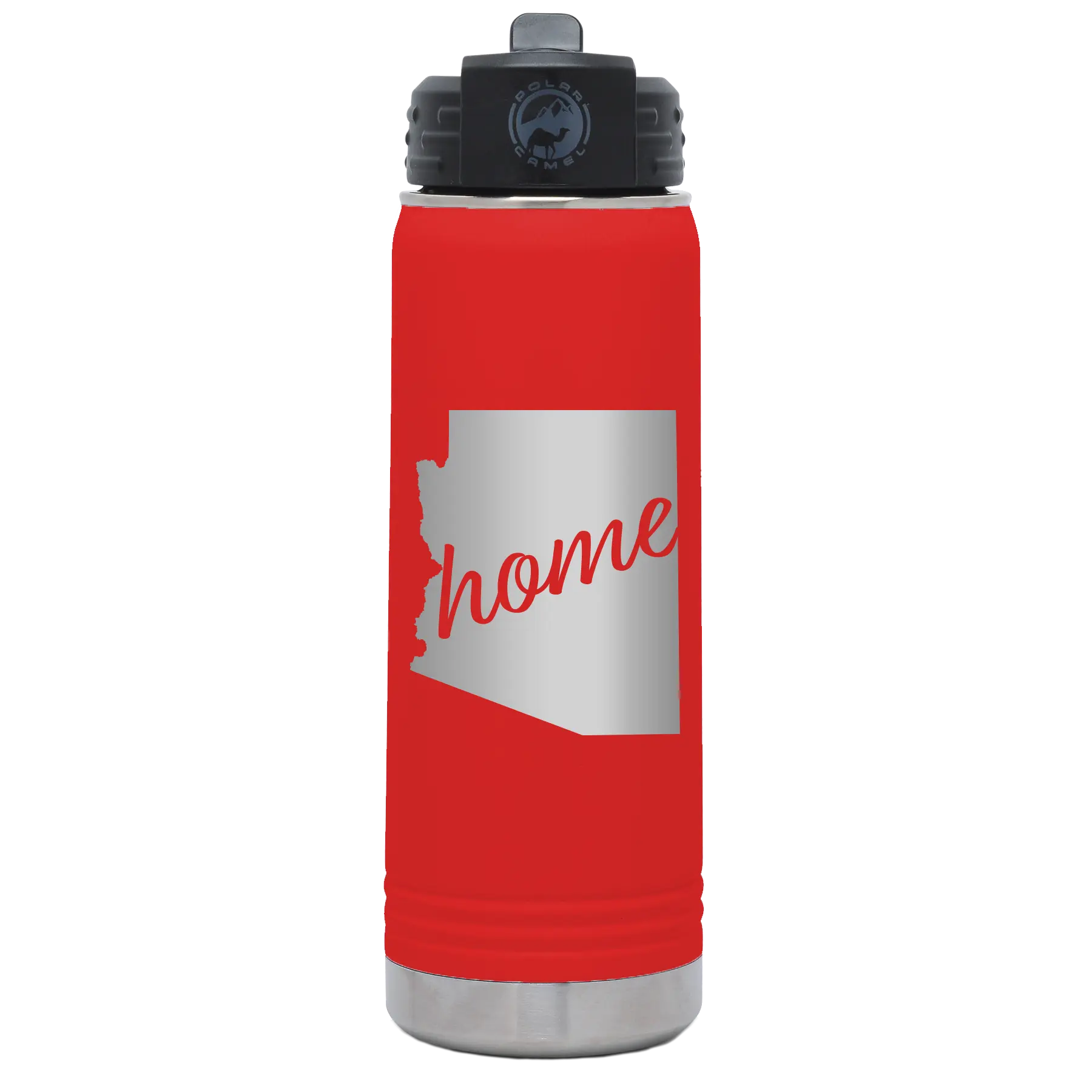 Laser etched red 20 oz vacuum insulated water bottle with 'Arizona Home' design