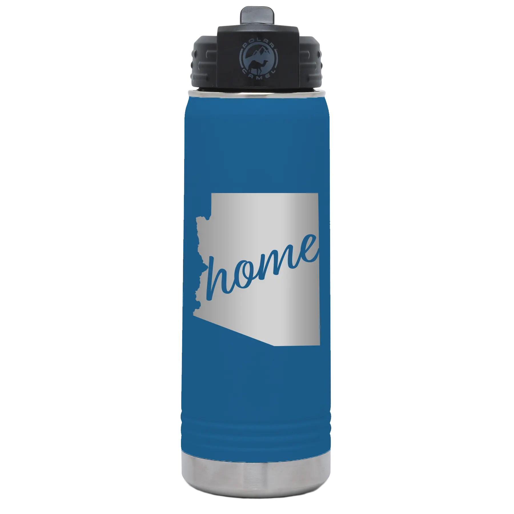Laser etched royal blue 20 oz vacuum insulated water bottle with 'Arizona Home' design