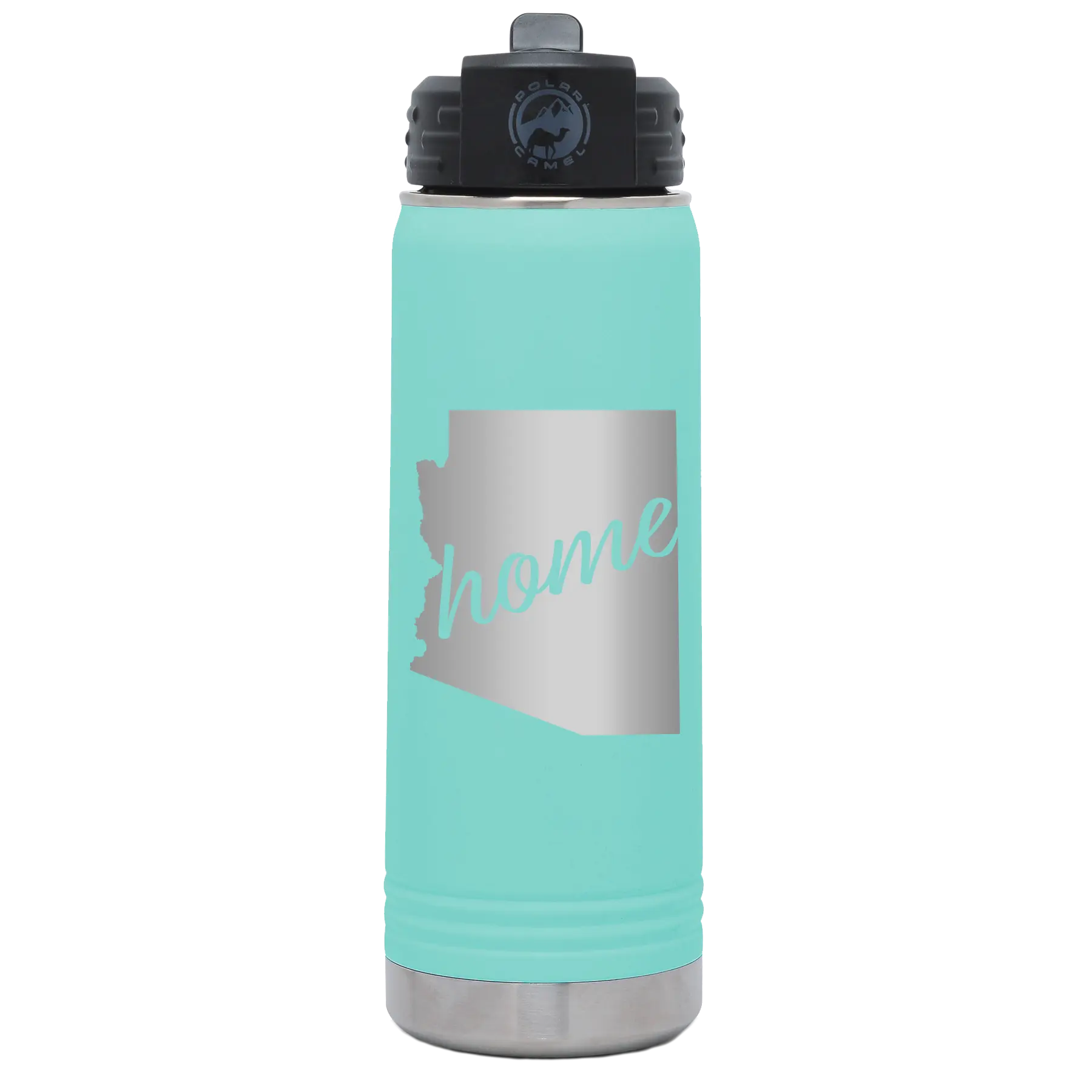 Laser etched teal 20 oz vacuum insulated water bottle with 'Arizona Home' design