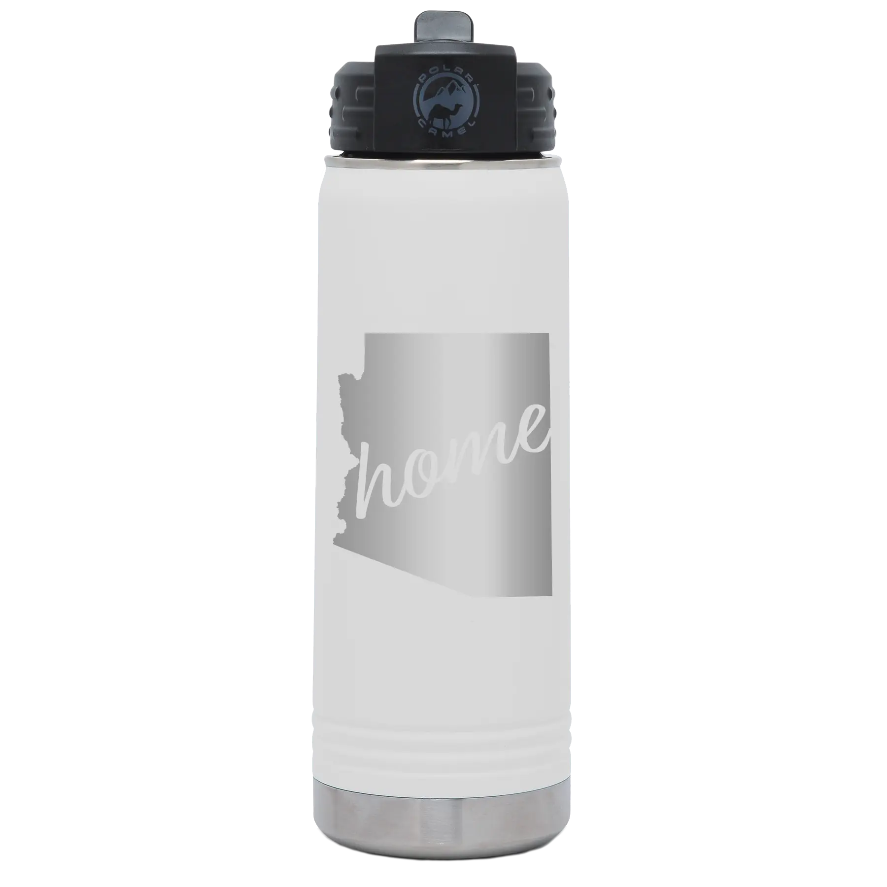 Laser etched white 20 oz vacuum insulated water bottle with 'Arizona Home' design