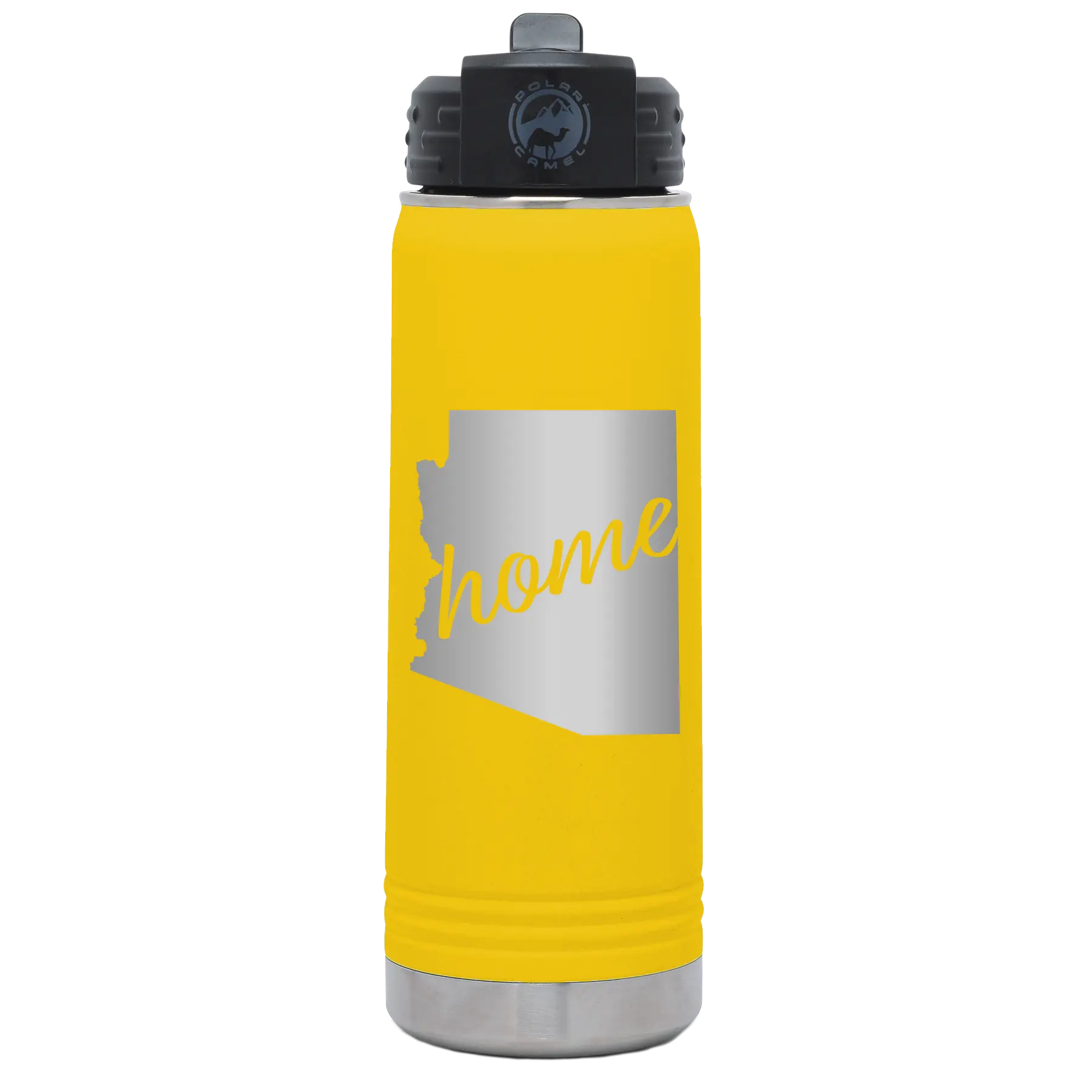 Laser etched yellow 20 oz vacuum insulated water bottle with 'Arizona Home' design