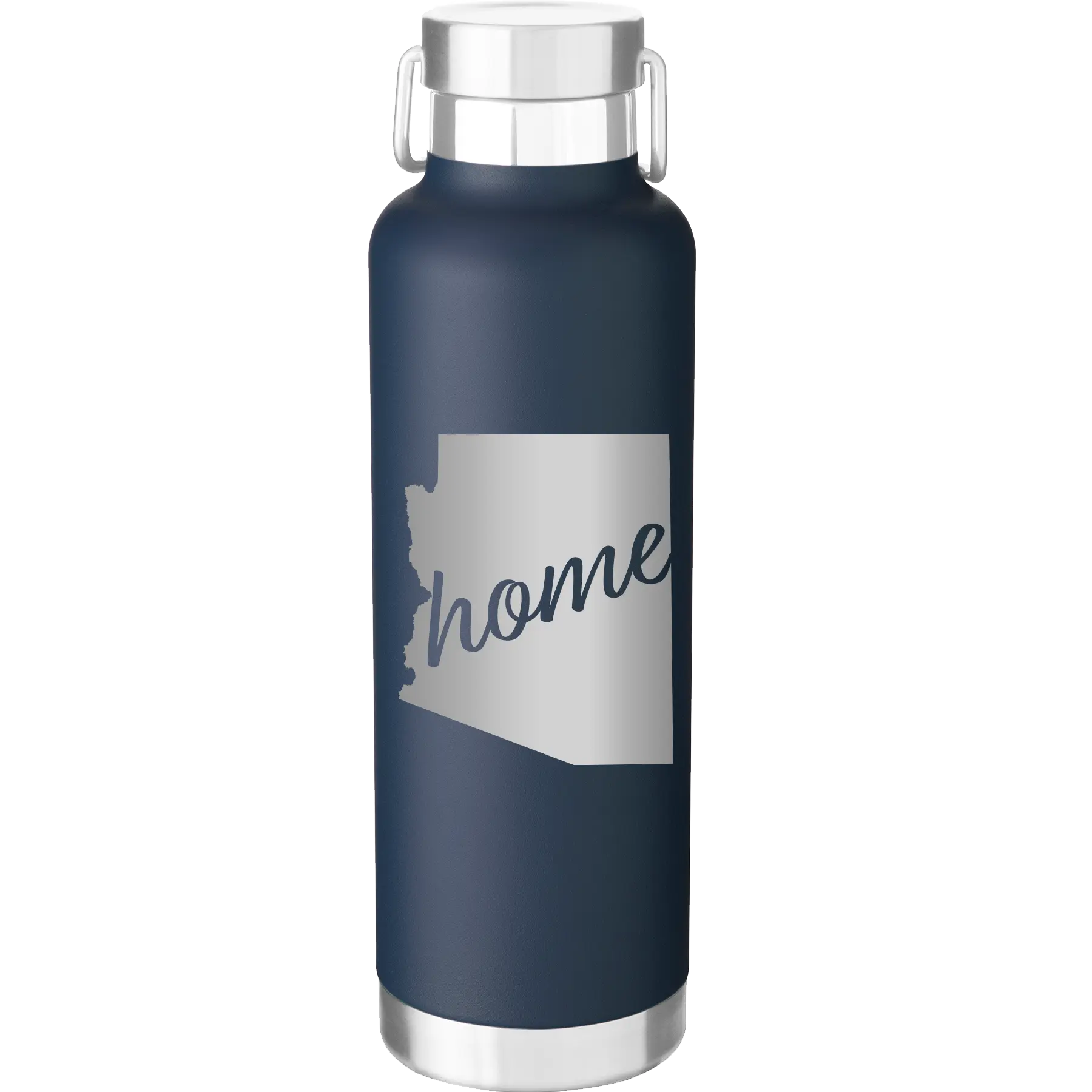 Laser etched navy 24 oz vacuum insulated water bottle with 'Arizona Home' design
