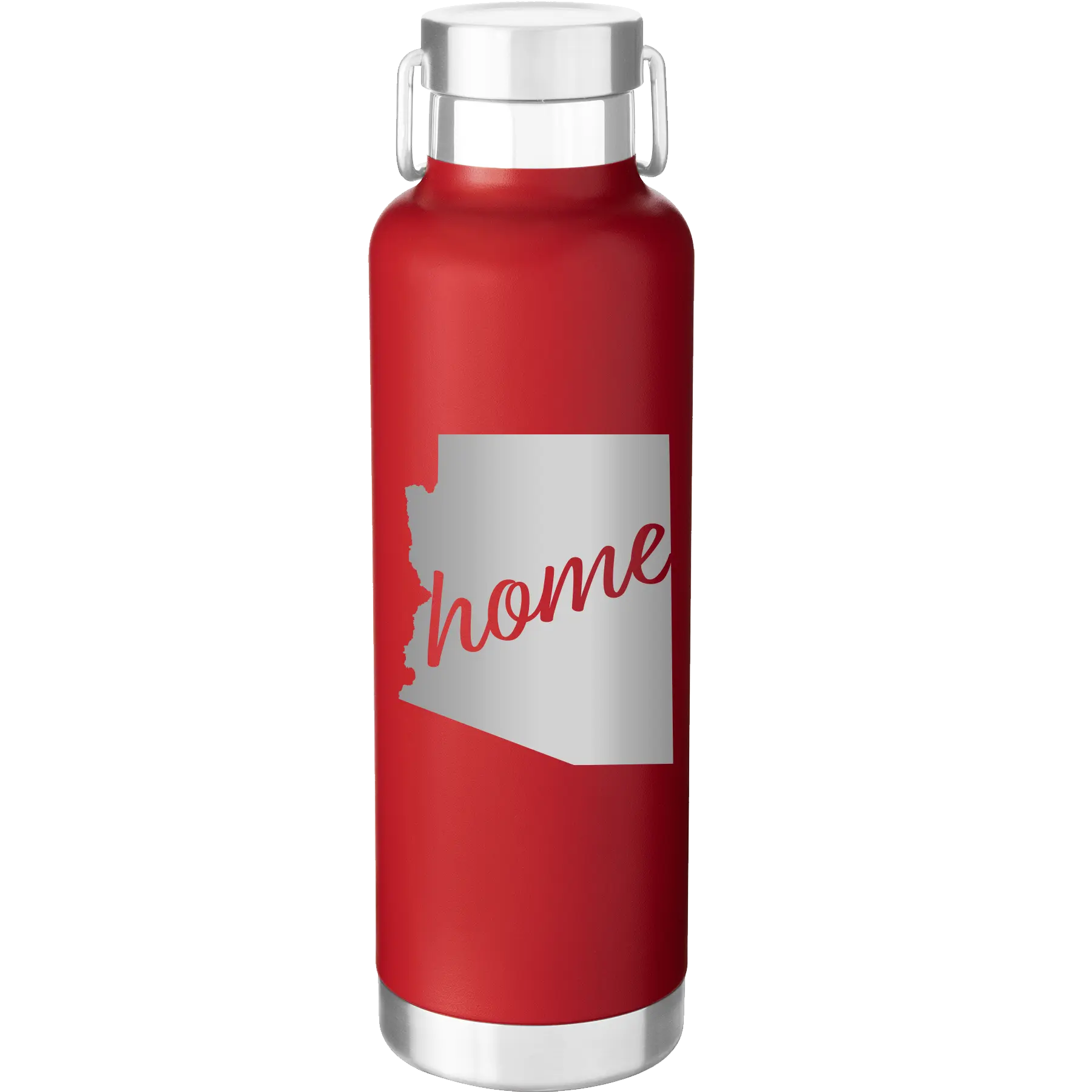 Laser etched red 24 oz vacuum insulated water bottle with 'Arizona Home' design