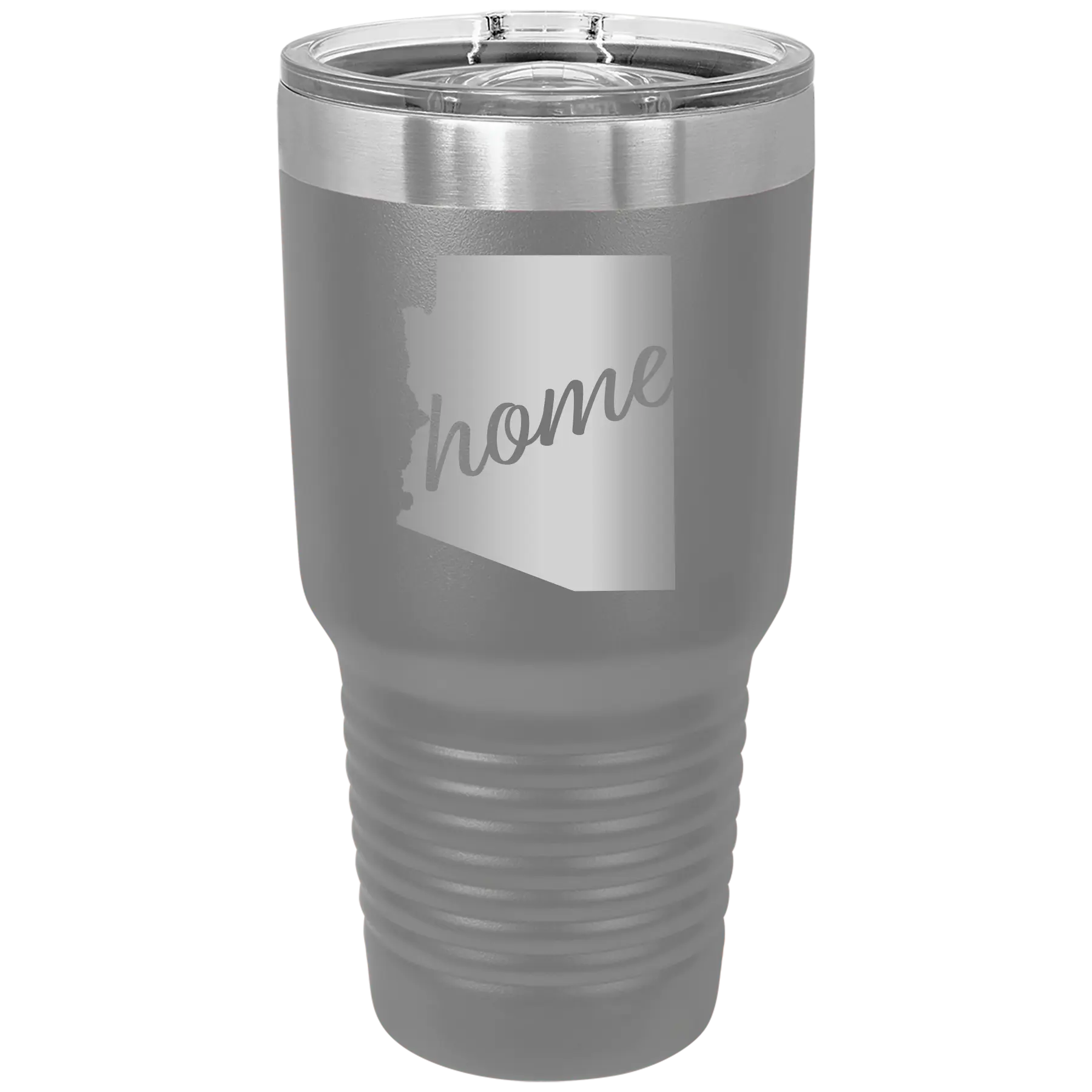 Laser etched dark gray 30 oz vacuum insulated tumbler with 'Arizona Home' design
