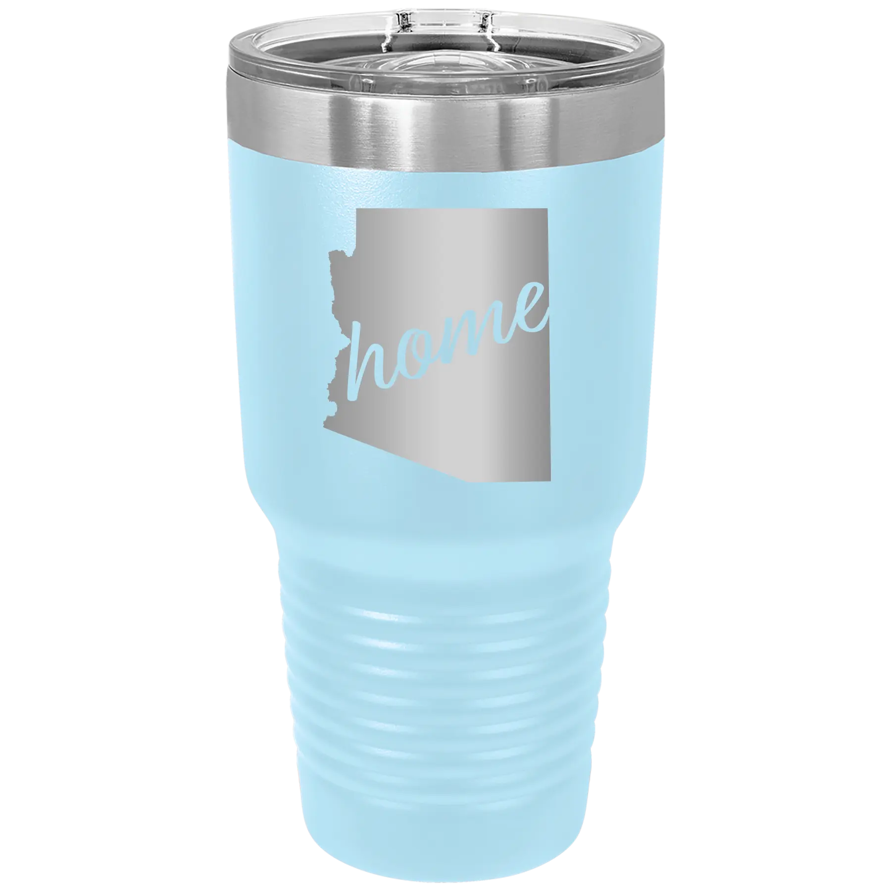 Laser etched light blue 30 oz vacuum insulated tumbler with 'Arizona Home' design
