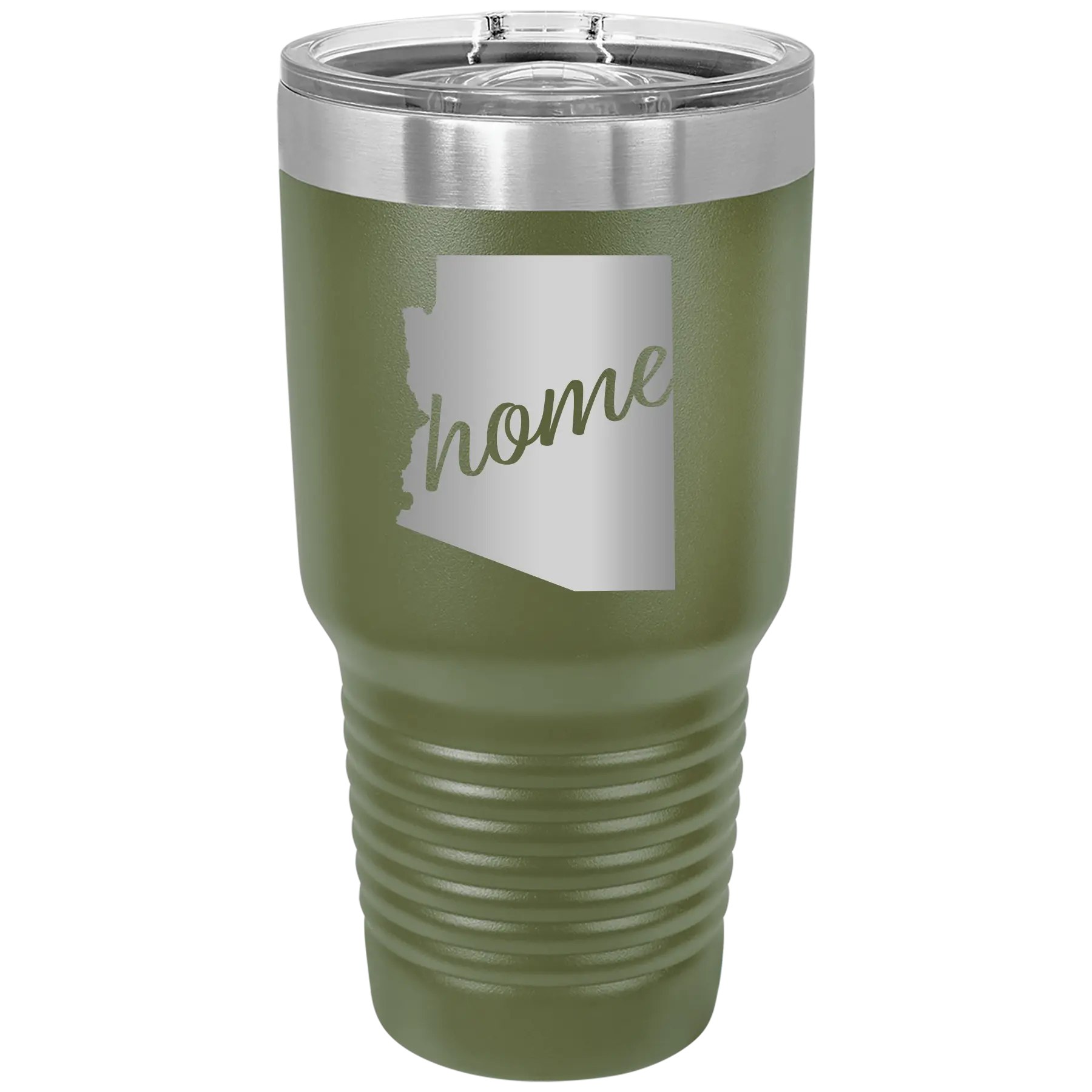 Laser etched olive green 30 oz vacuum insulated tumbler with 'Arizona Home' design