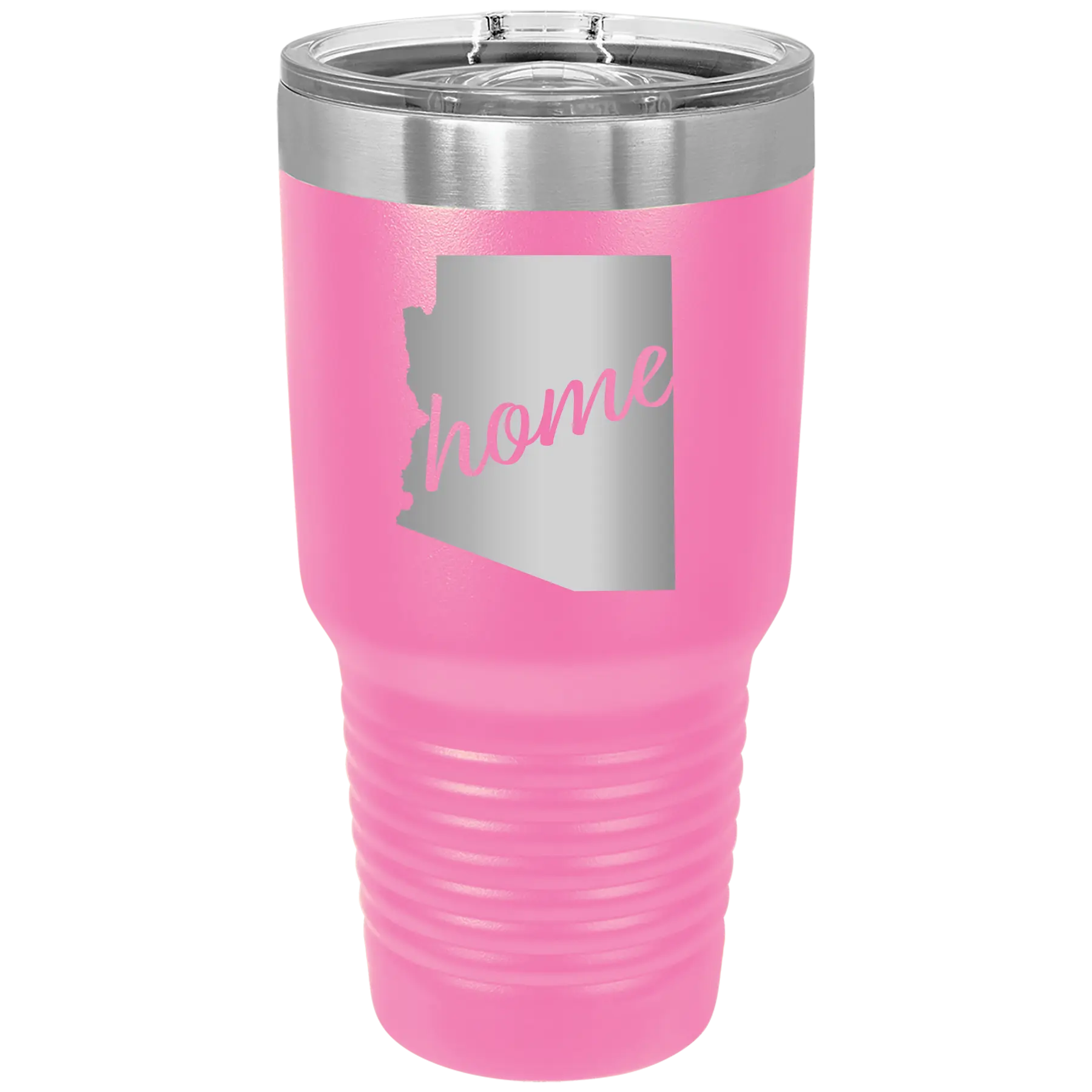 Laser etched pink 30 oz vacuum insulated tumbler with 'Arizona Home' design