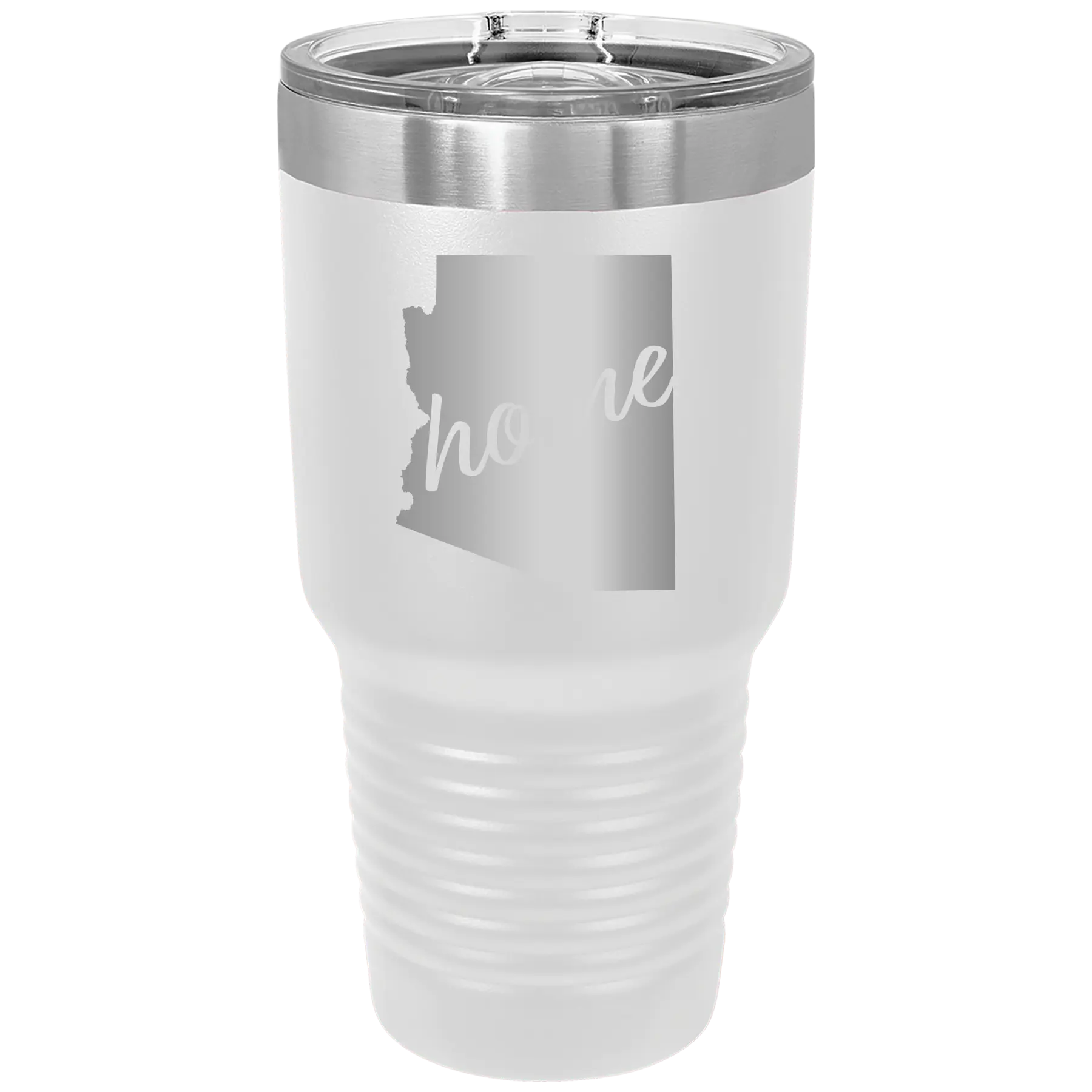 Laser etched white 30 oz vacuum insulated tumbler with 'Arizona Home' design