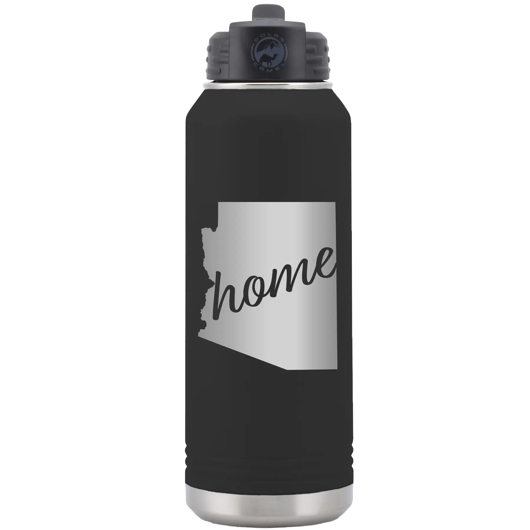 Laser etched black 32 oz vacuum insulated water bottle with 'Arizona Home' design