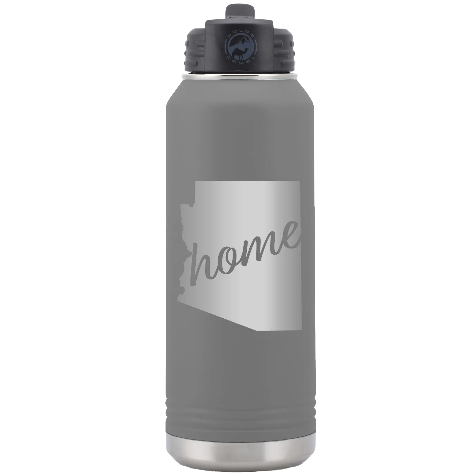 Laser etched dark gray 32 oz vacuum insulated water bottle with 'Arizona Home' design