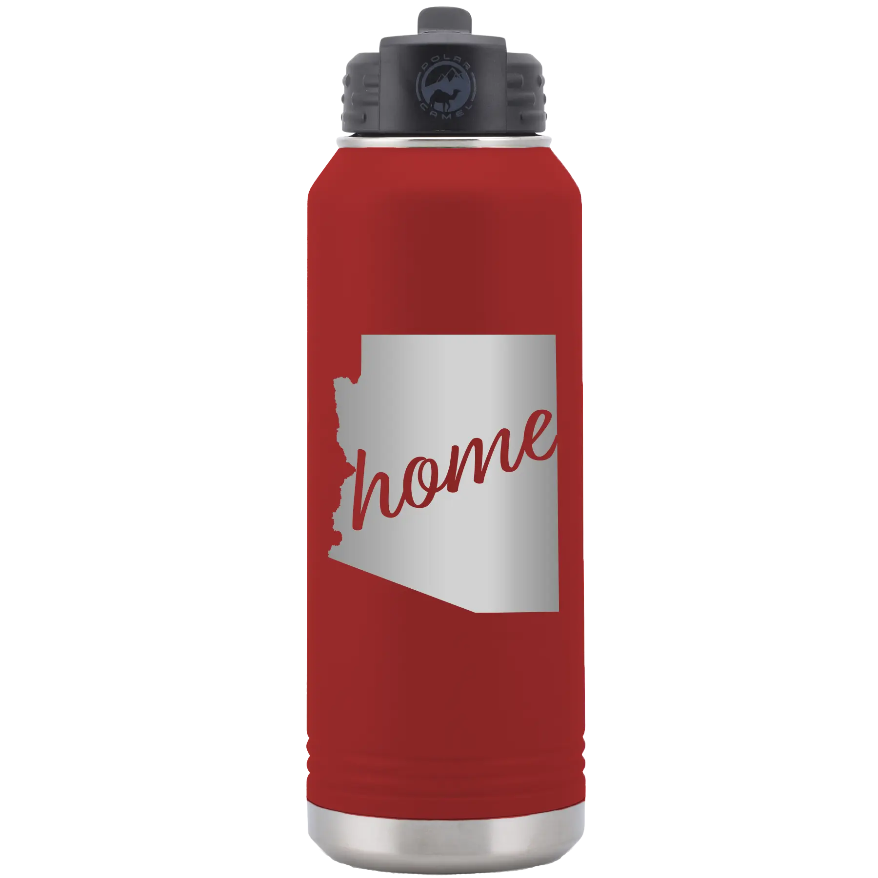 Laser etched maroon 32 oz vacuum insulated water bottle with 'Arizona Home' design