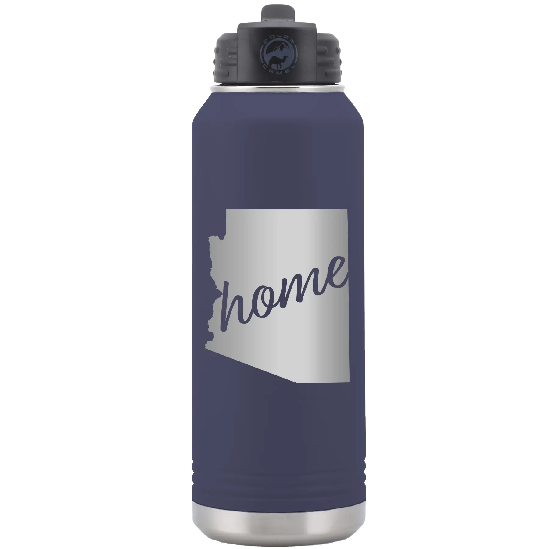 Laser etched navy 32 oz vacuum insulated water bottle with 'Arizona Home' design