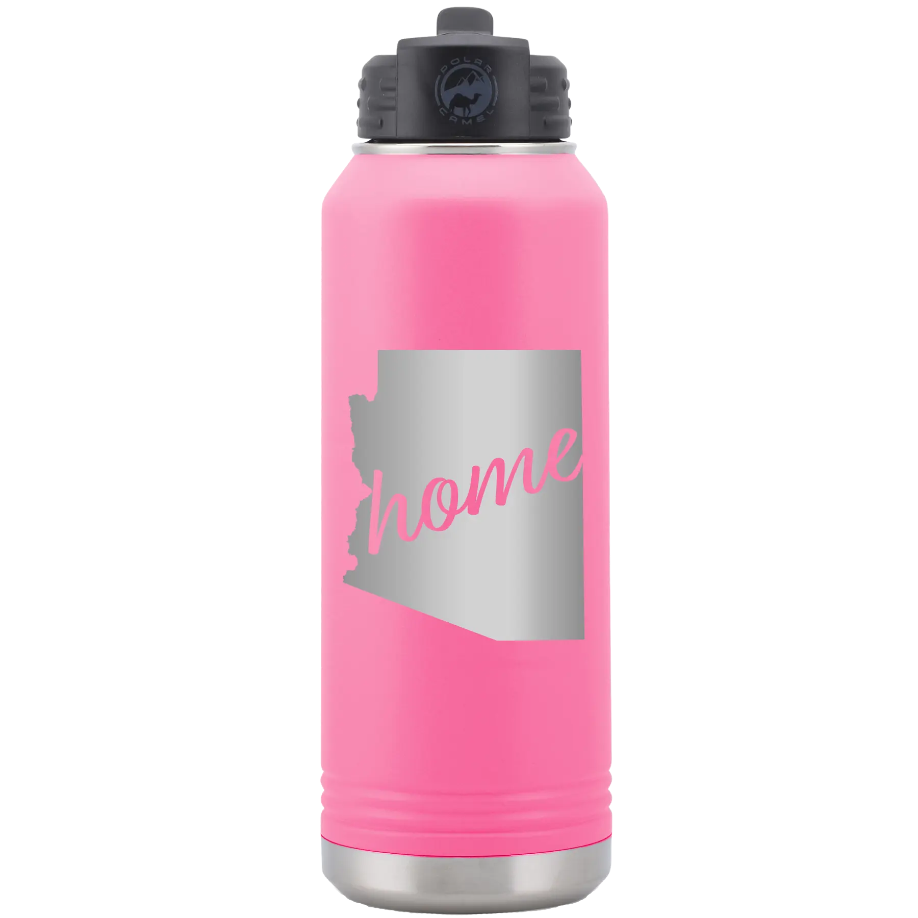 Laser etched pink 32 oz vacuum insulated water bottle with 'Arizona Home' design