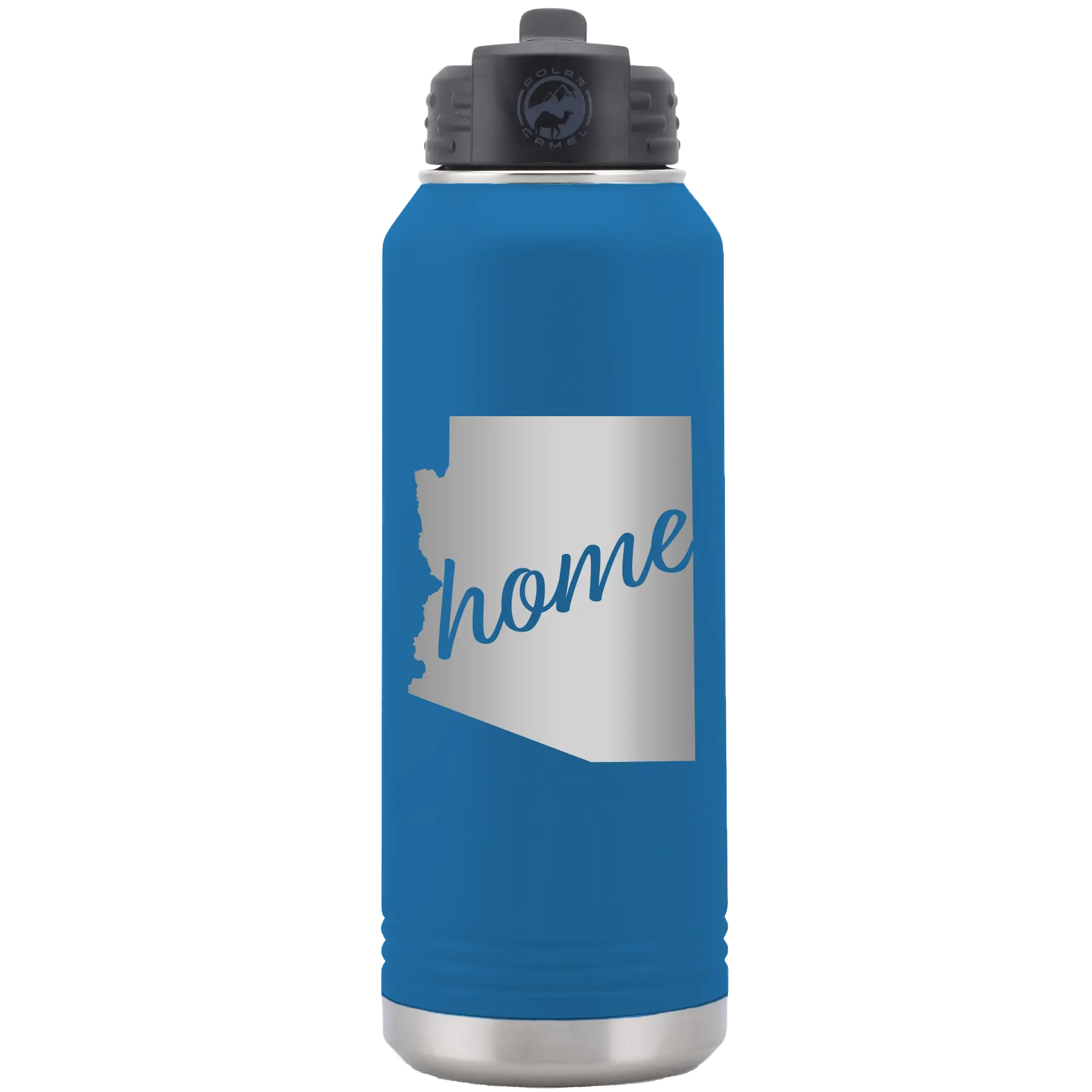Laser etched royal blue 32 oz vacuum insulated water bottle with 'Arizona Home' design