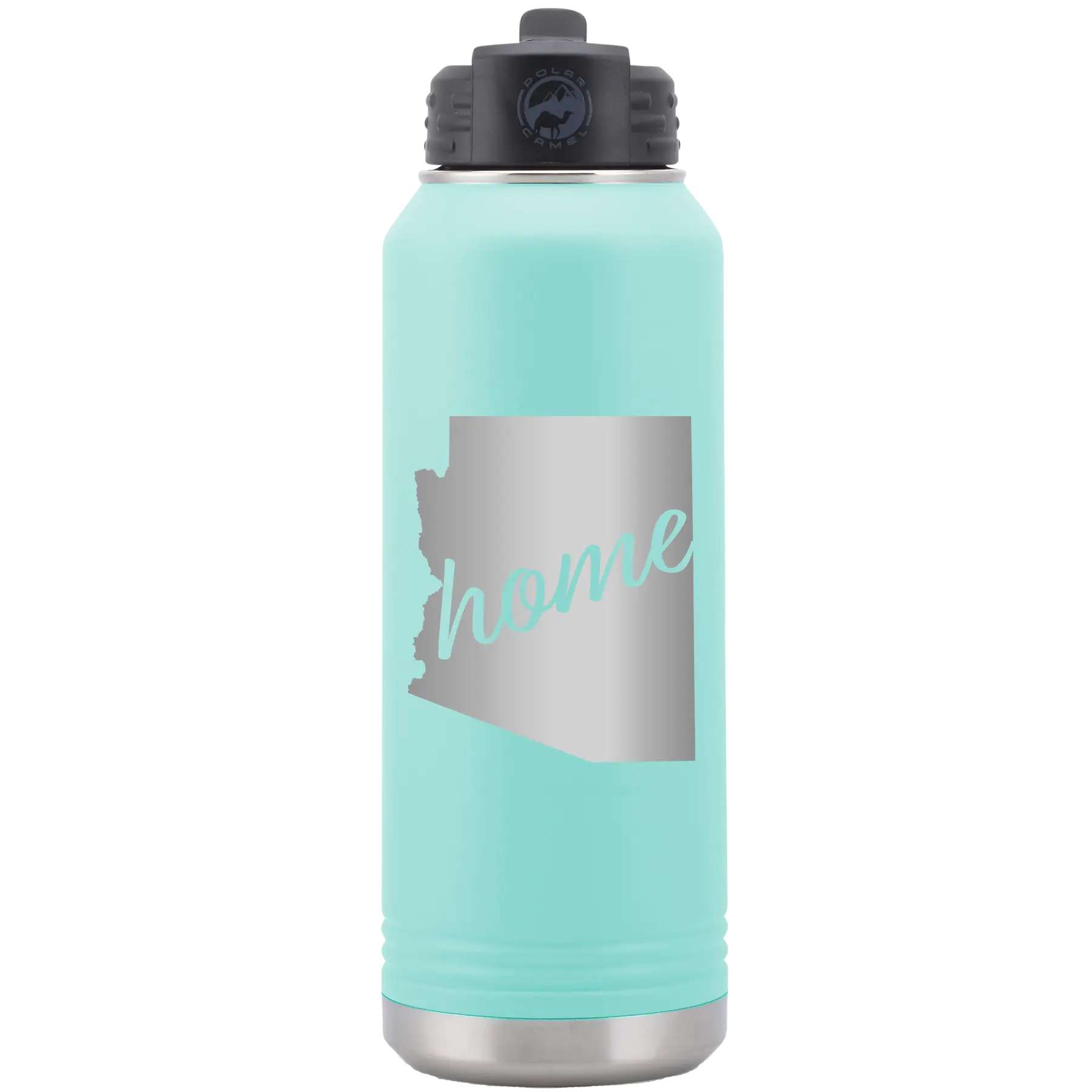 Laser etched teal 32 oz vacuum insulated water bottle with 'Arizona Home' design