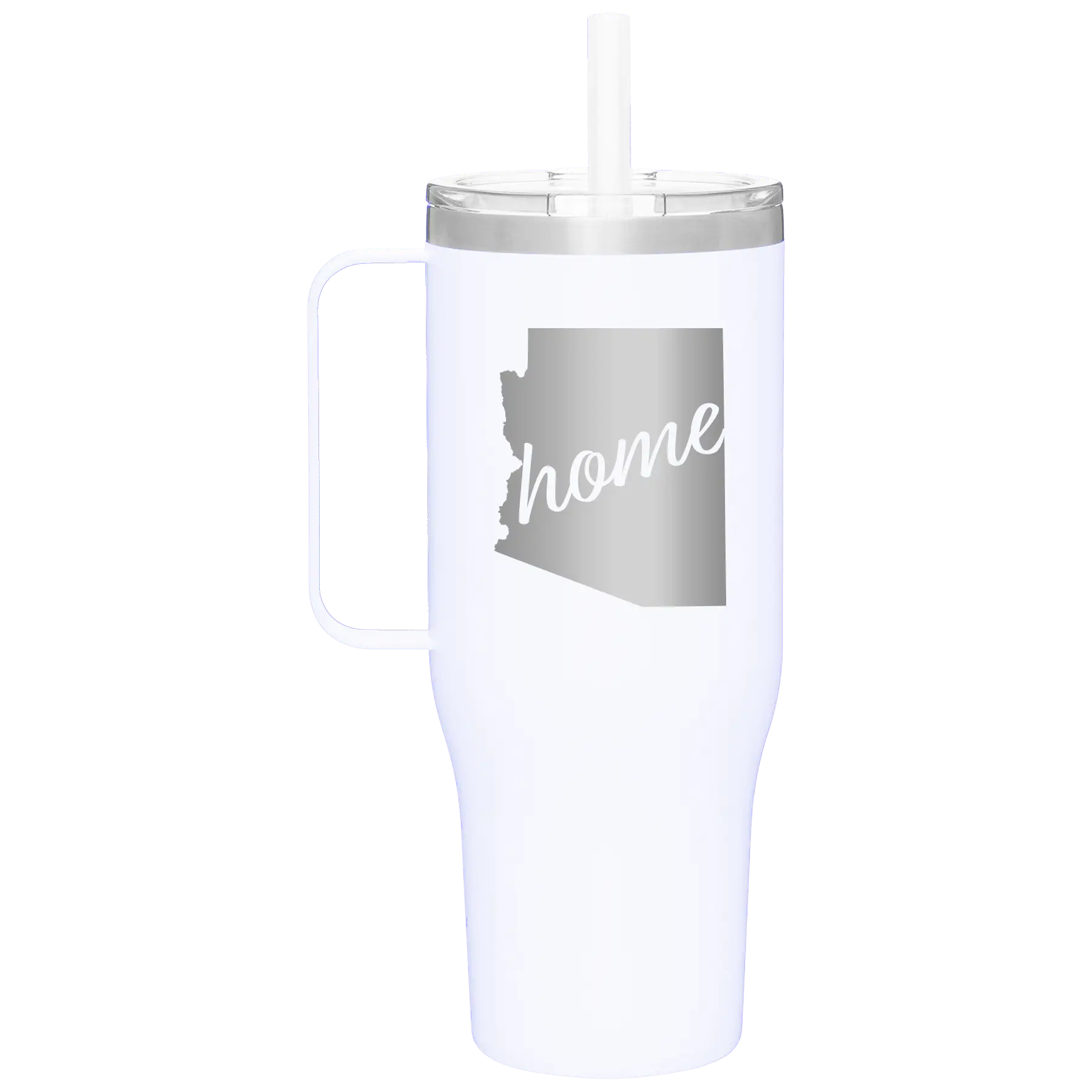 Laser etched white 40 oz vacuum insulated tumbler mug with 'Arizona Home' design