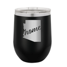 Laser etched black 12 oz vacuum insulated wine cup with 'Arizona Home' design
