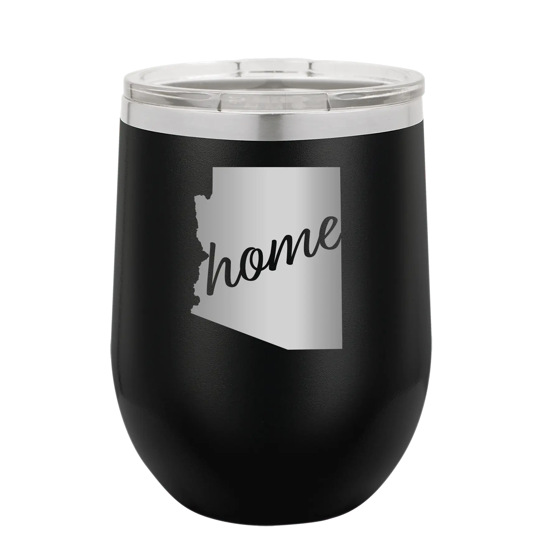 Laser etched black 12 oz vacuum insulated wine cup with 'Arizona Home' design