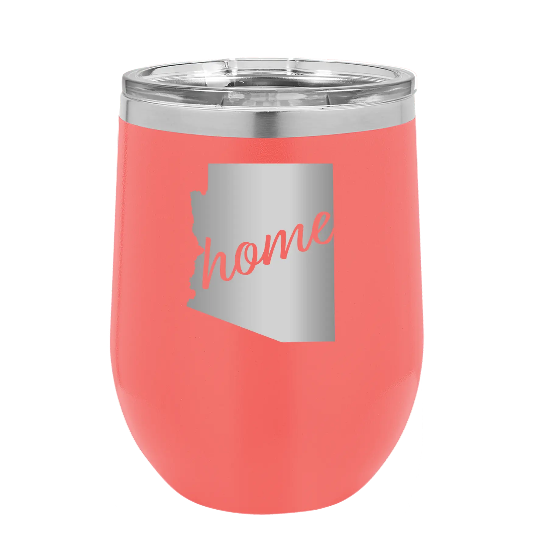 Laser etched coral 12 oz vacuum insulated wine cup with 'Arizona Home' design