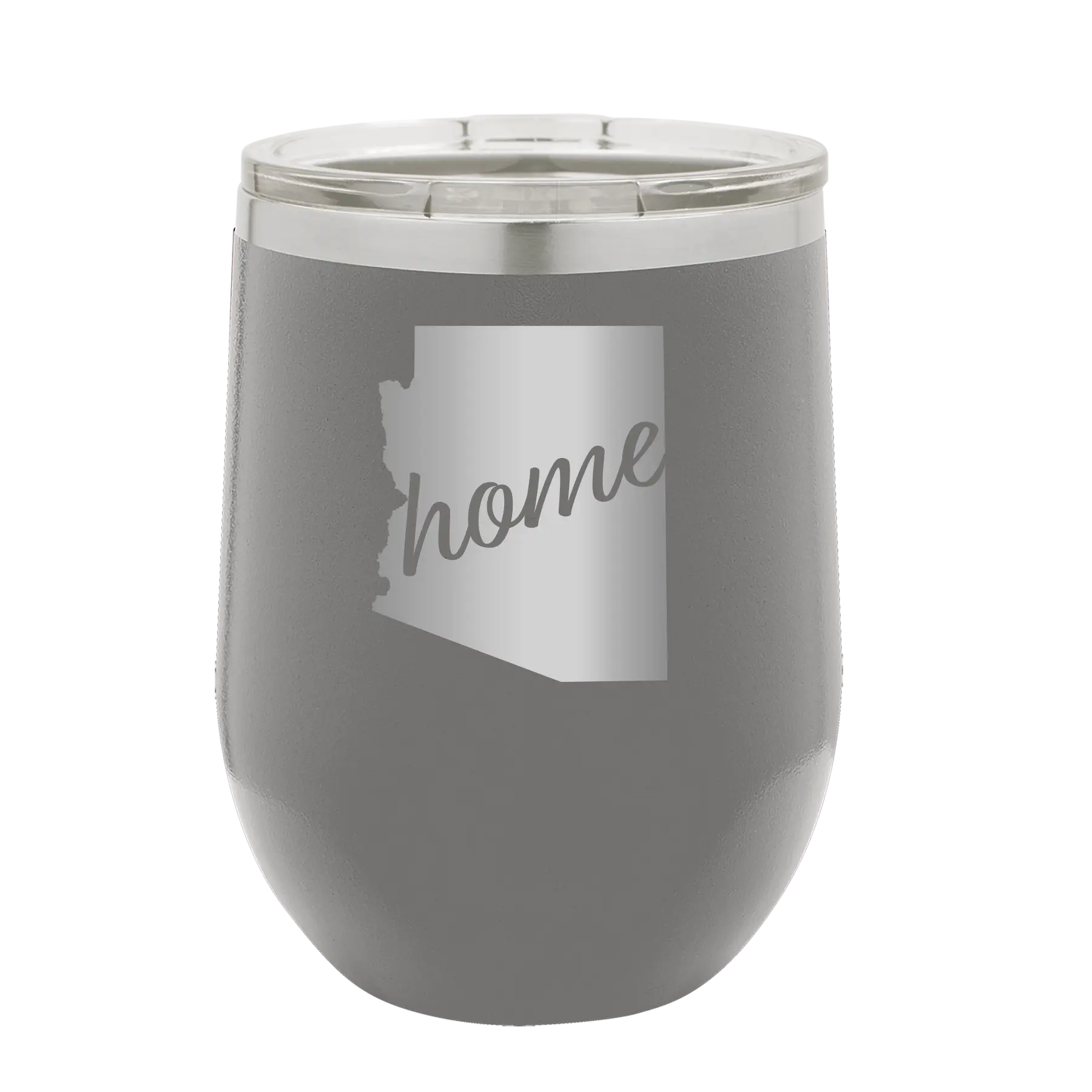 Laser etched dark gray 12 oz vacuum insulated wine cup with 'Arizona Home' design