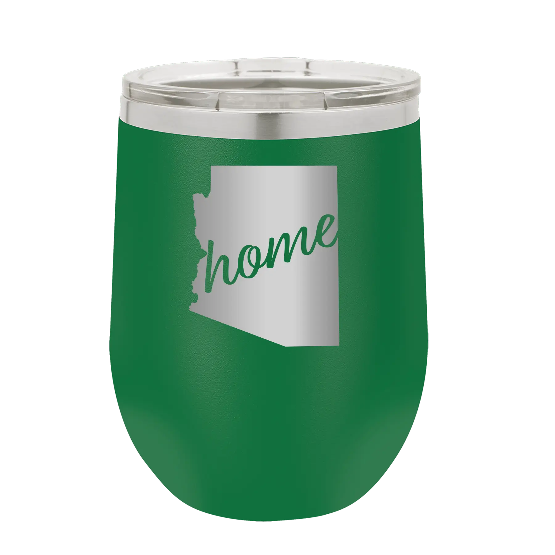 Laser etched green 12 oz vacuum insulated wine cup with 'Arizona Home' design