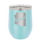 Laser etched light blue 12 oz vacuum insulated wine cup with 'Arizona Home' design