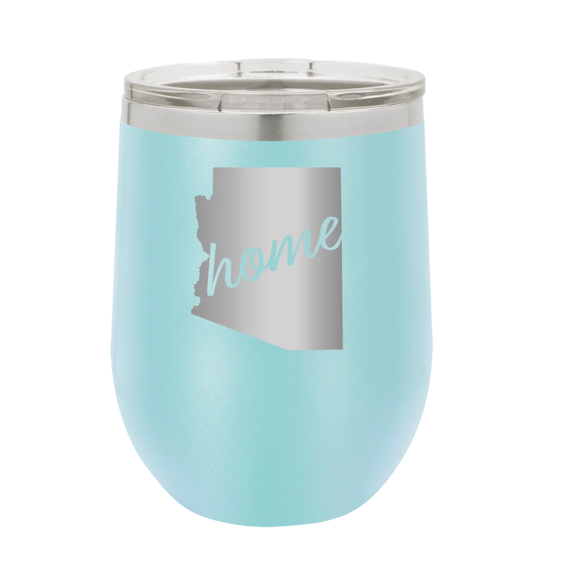Laser etched light blue 12 oz vacuum insulated wine cup with 'Arizona Home' design