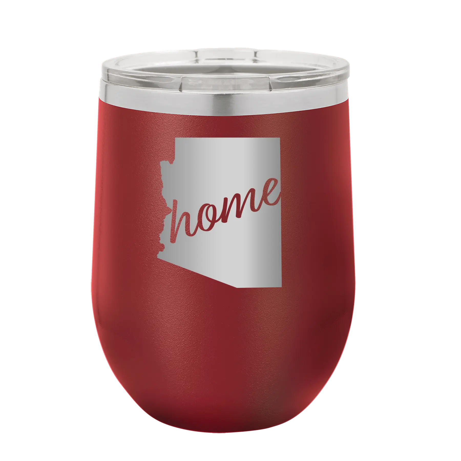 Laser etched maroon 12 oz vacuum insulated wine cup with 'Arizona Home' design