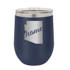 Laser etched navy 12 oz vacuum insulated wine cup with 'Arizona Home' design