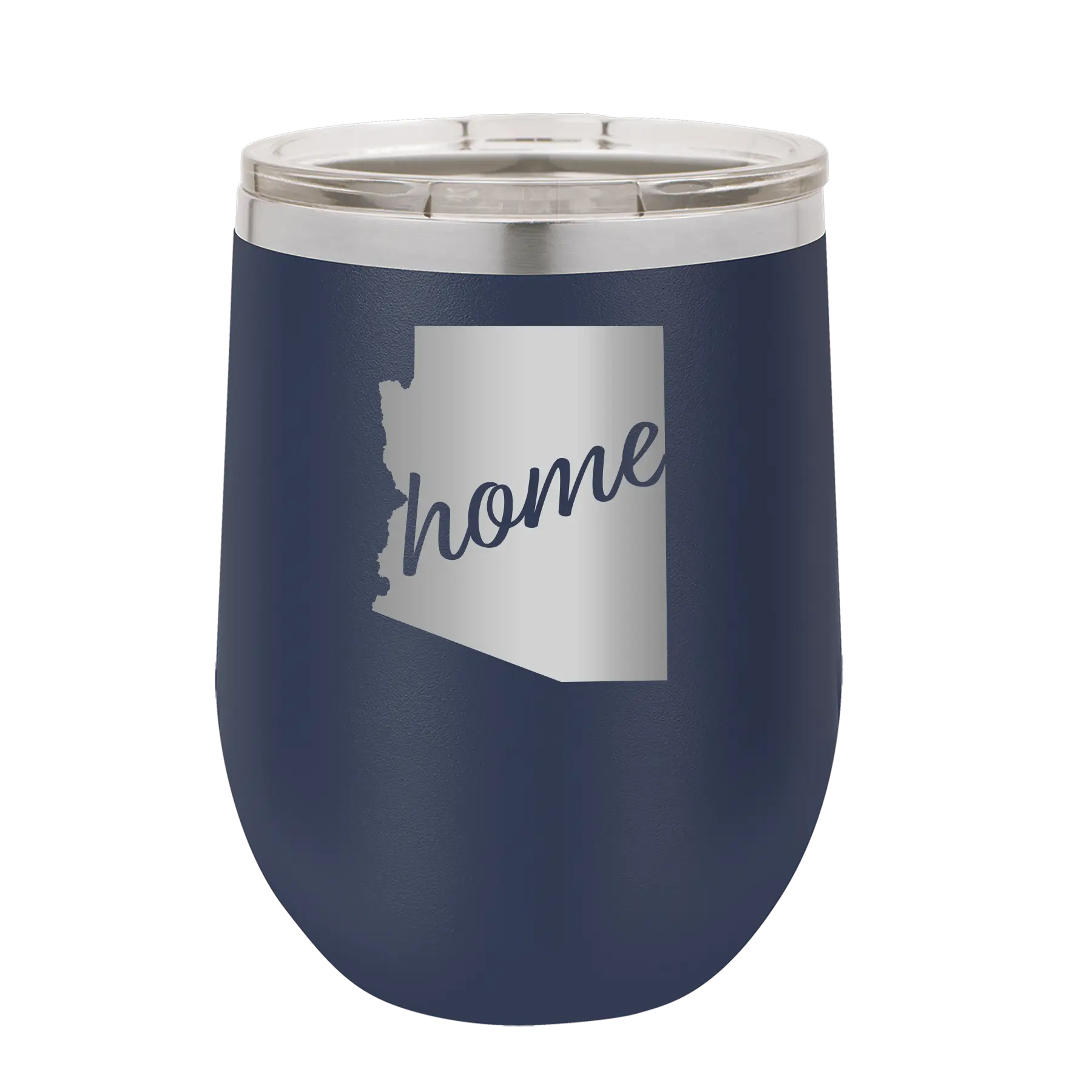 Laser etched navy 12 oz vacuum insulated wine cup with 'Arizona Home' design