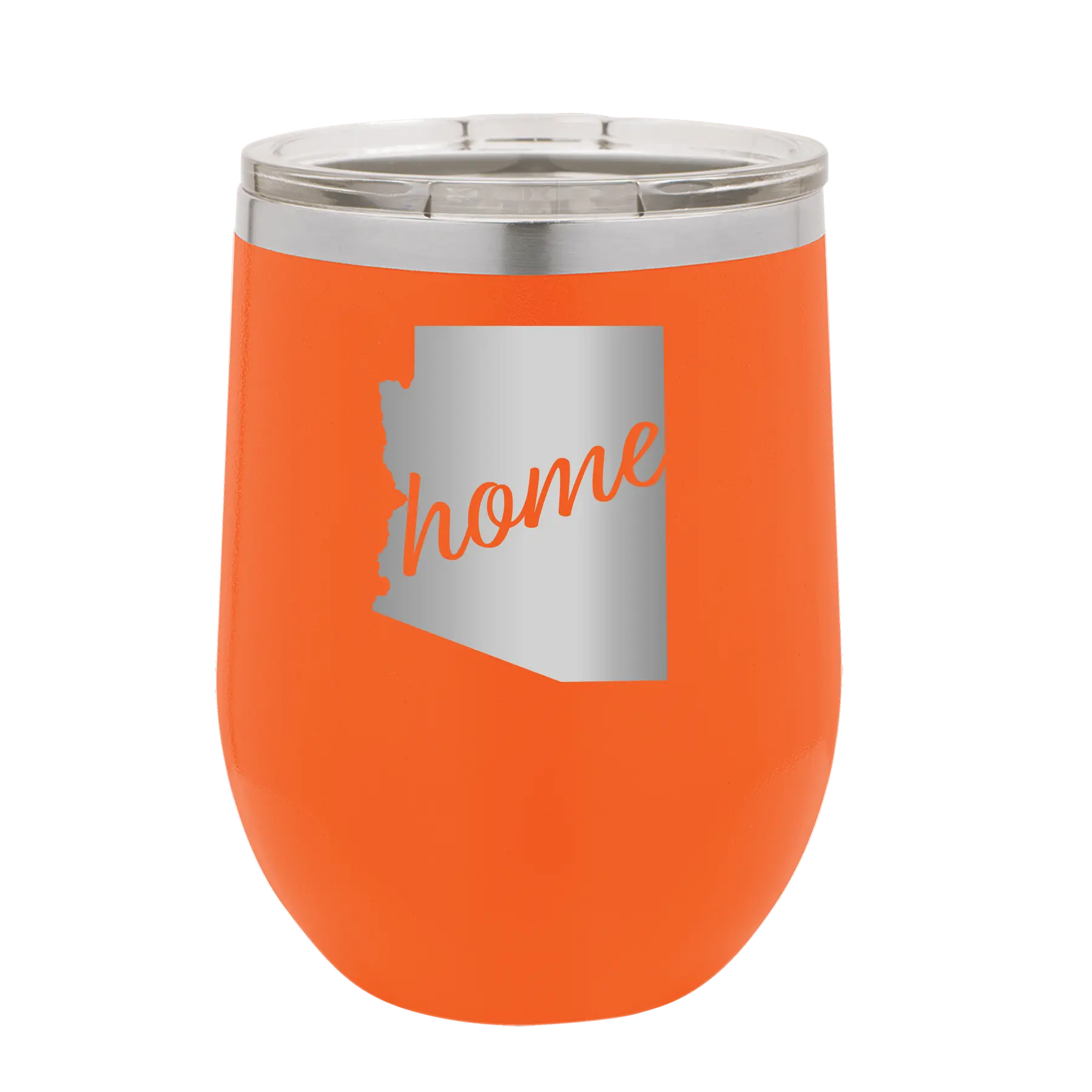 Laser etched orange 12 oz vacuum insulated wine cup with 'Arizona Home' design