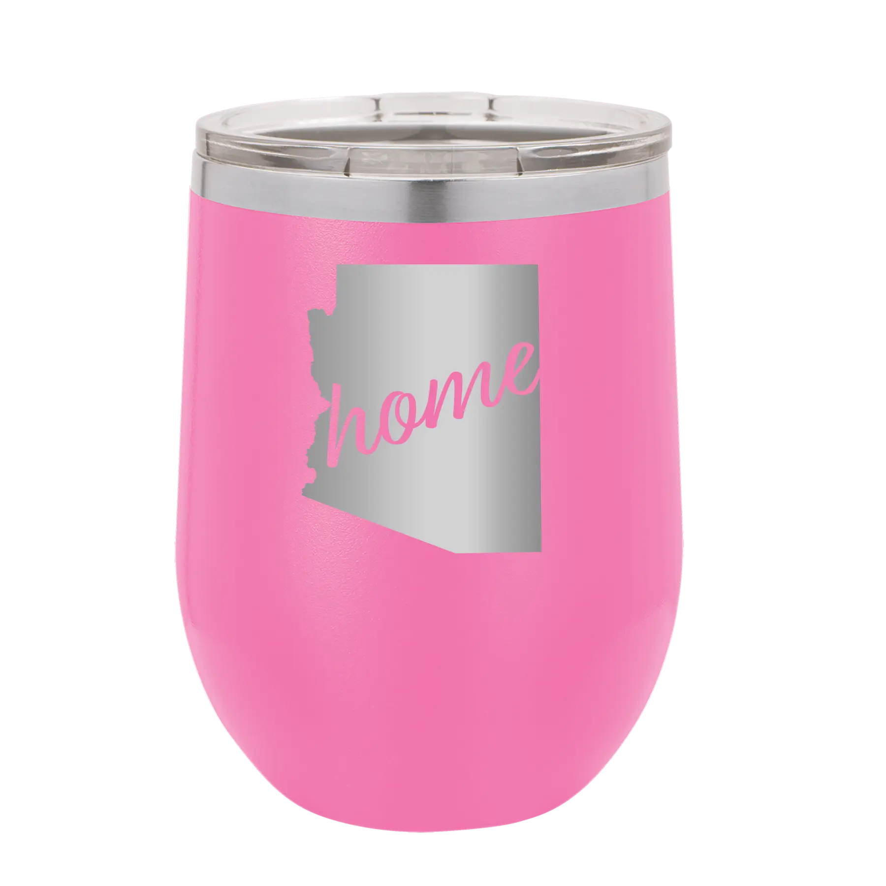 Laser etched pink 12 oz vacuum insulated wine cup with 'Arizona Home' design