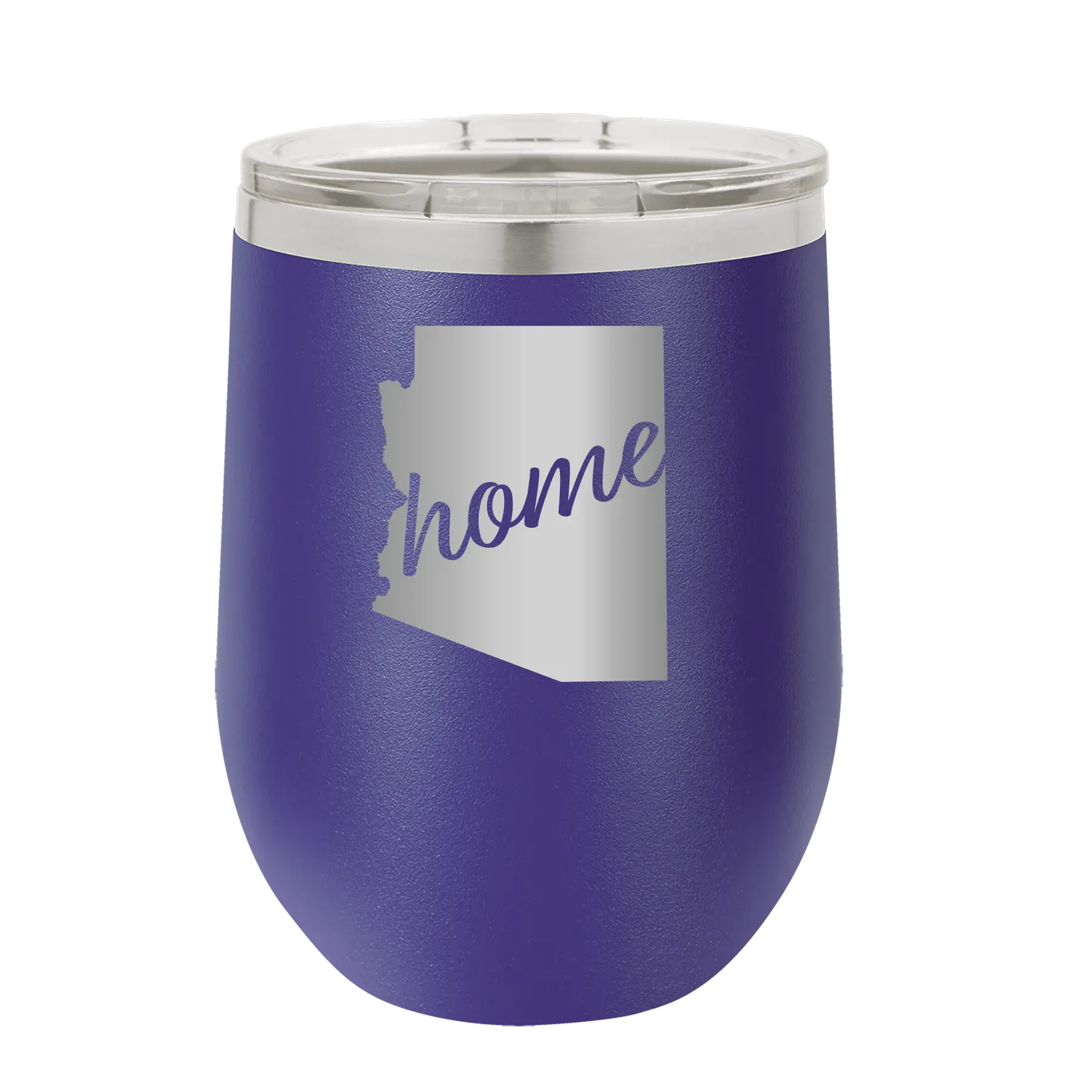 Laser etched purple 12 oz vacuum insulated wine cup with 'Arizona Home' design