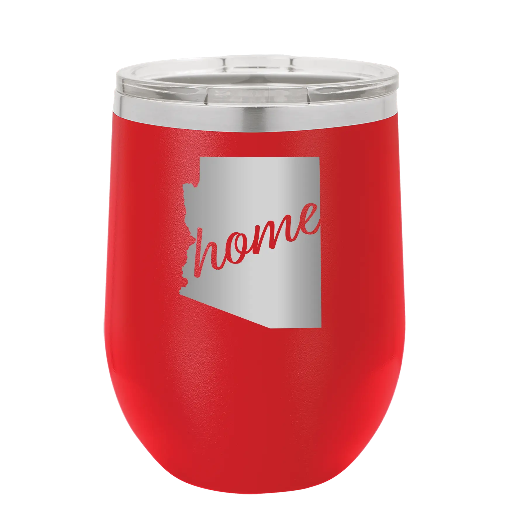 Laser etched red 12 oz vacuum insulated wine cup with 'Arizona Home' design