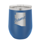 Laser etched royal blue 12 oz vacuum insulated wine cup with 'Arizona Home' design