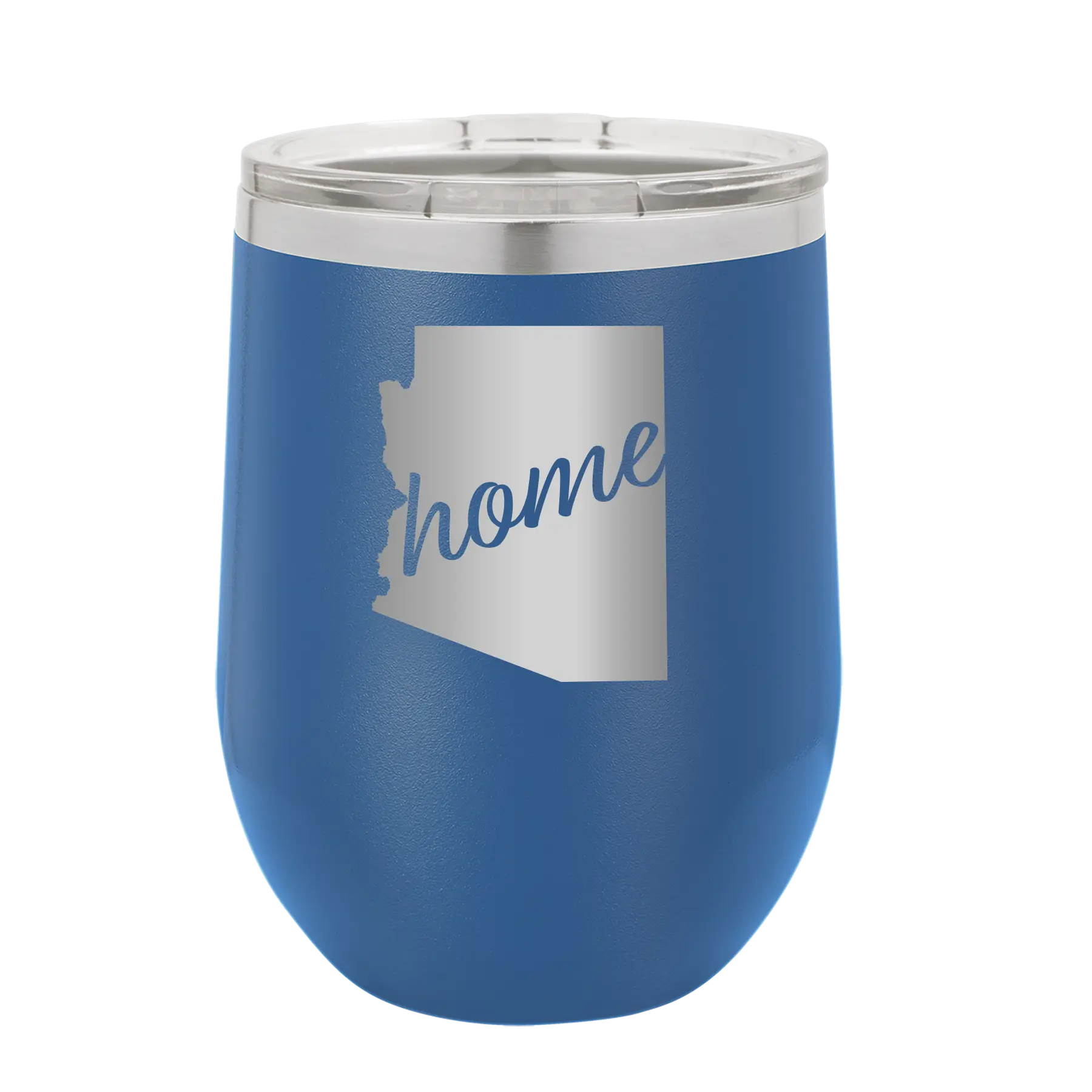 Laser etched royal blue 12 oz vacuum insulated wine cup with 'Arizona Home' design