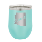 Laser etched teal 12 oz vacuum insulated wine cup with 'Arizona Home' design