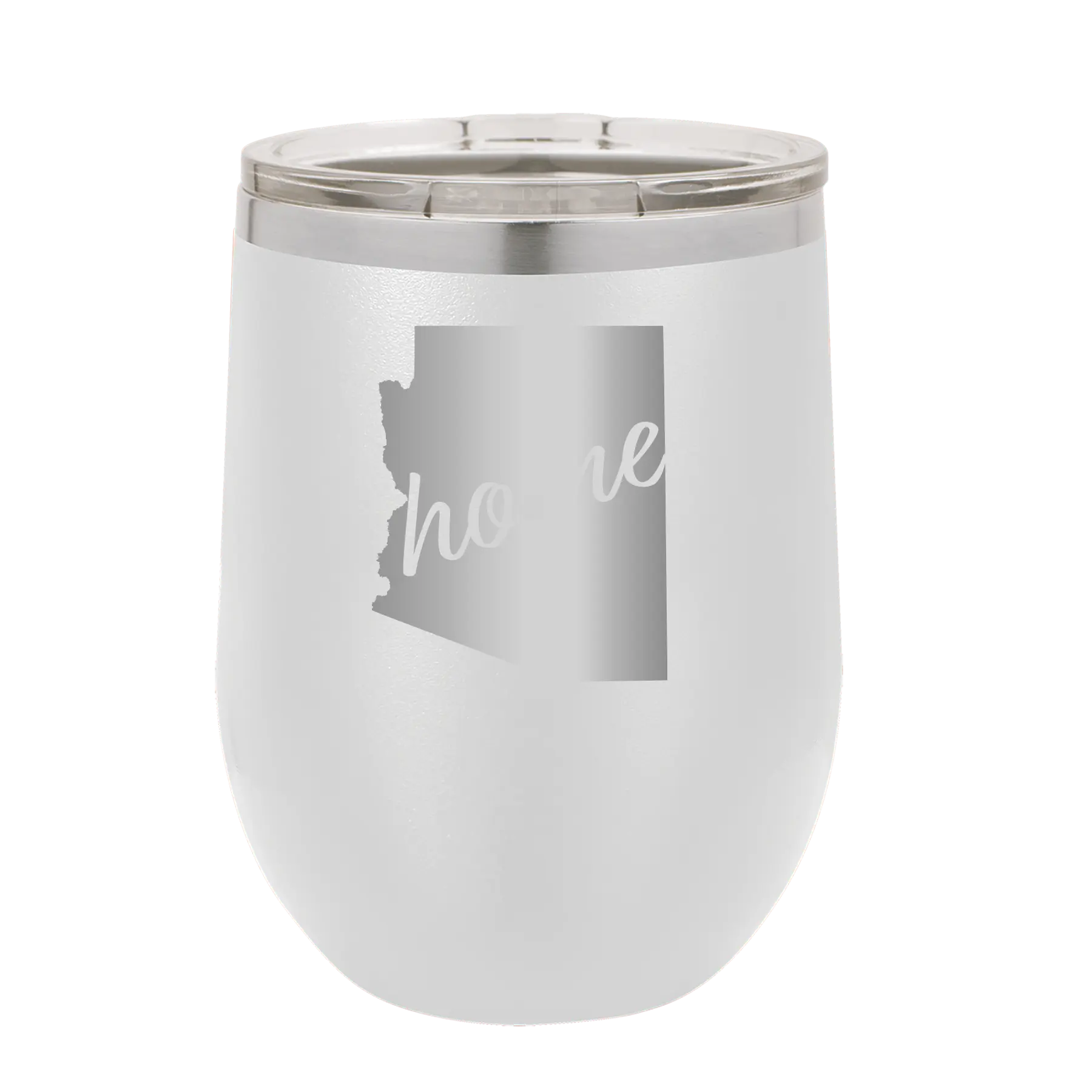 Laser etched white 12 oz vacuum insulated wine cup with 'Arizona Home' design