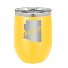 Laser etched yellow 12 oz vacuum insulated wine cup with 'Arizona Home' design