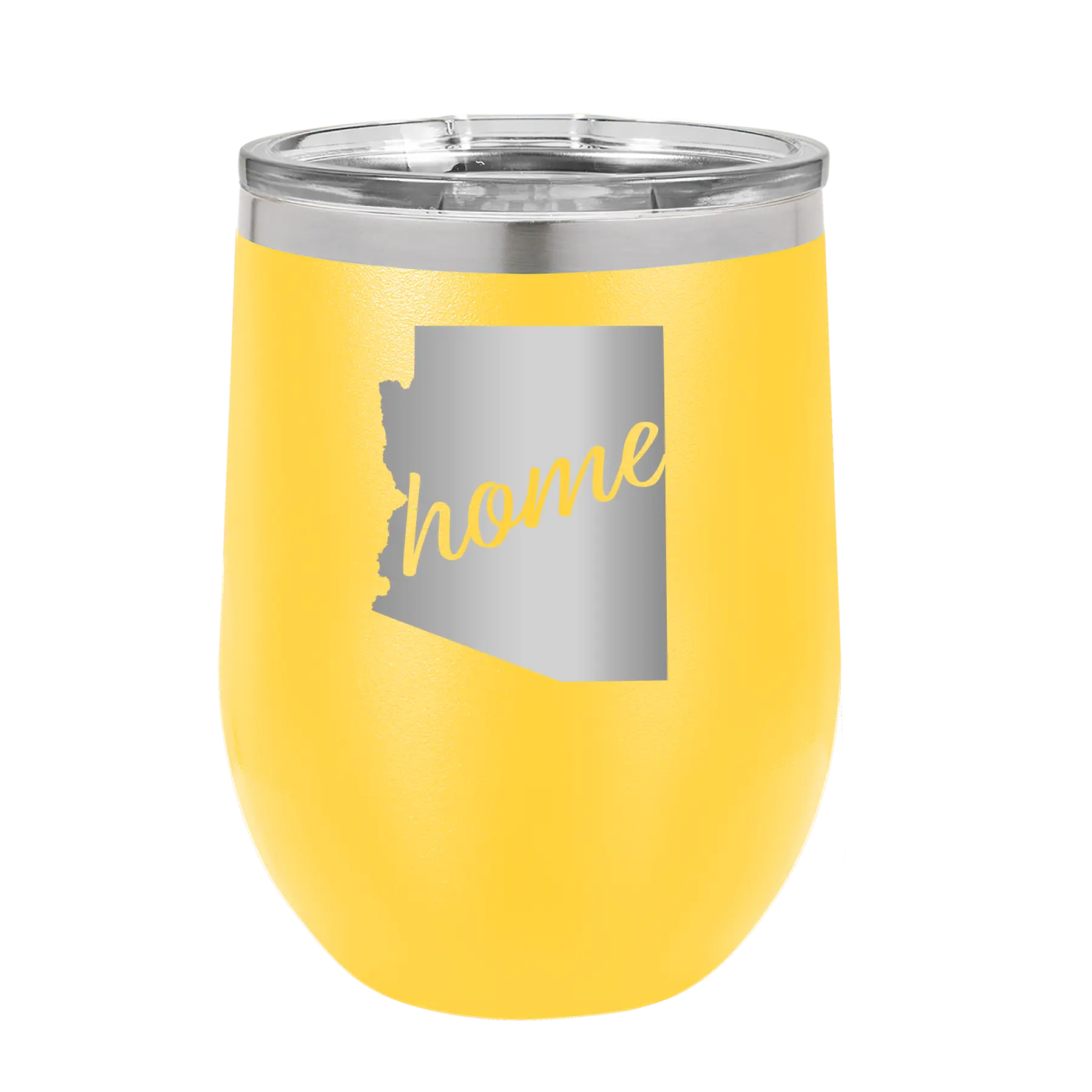 Laser etched yellow 12 oz vacuum insulated wine cup with 'Arizona Home' design