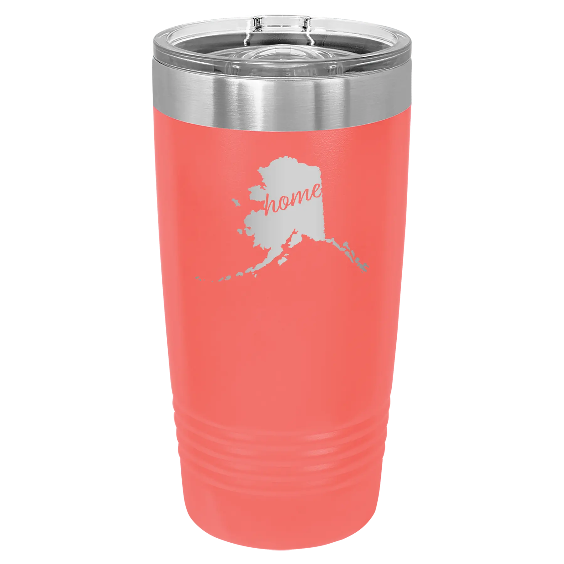 Laser etched coral 20 oz vacuum insulated tumbler with 'Alaska Home' design
