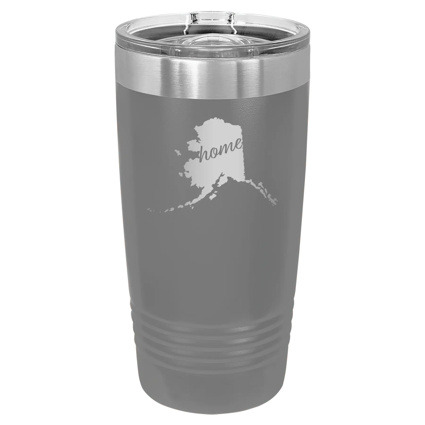 Laser etched dark gray 20 oz vacuum insulated tumbler with 'Alaska Home' design