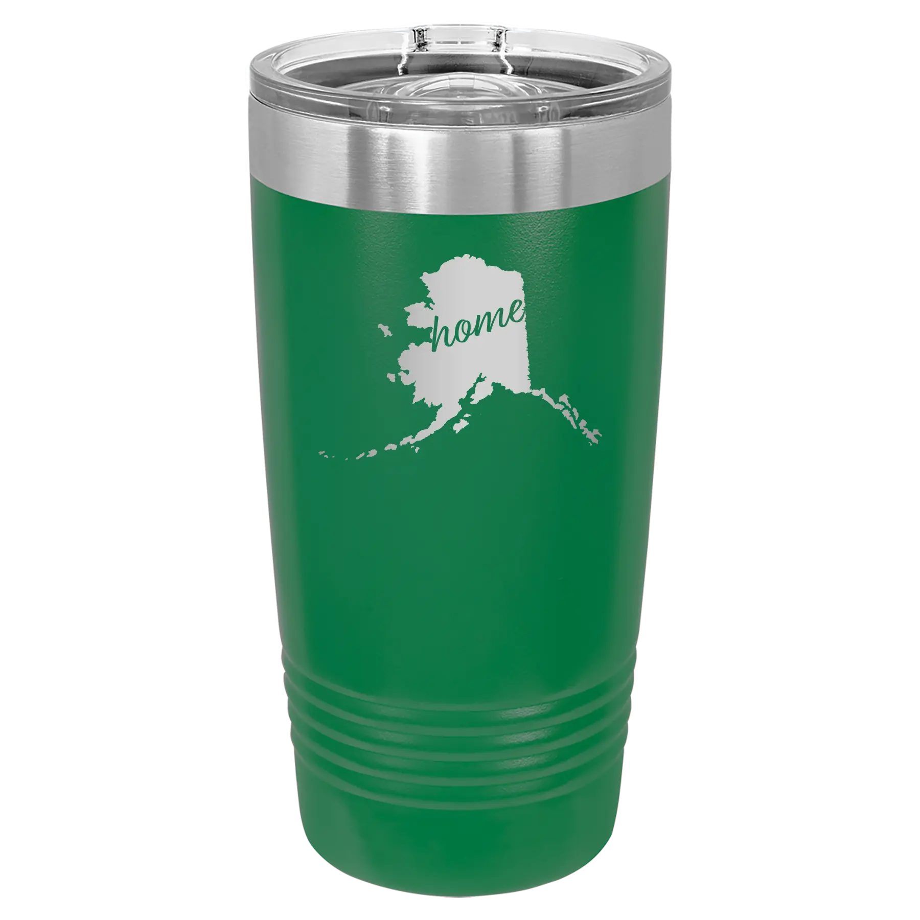Laser etched green 20 oz vacuum insulated tumbler with 'Alaska Home' design