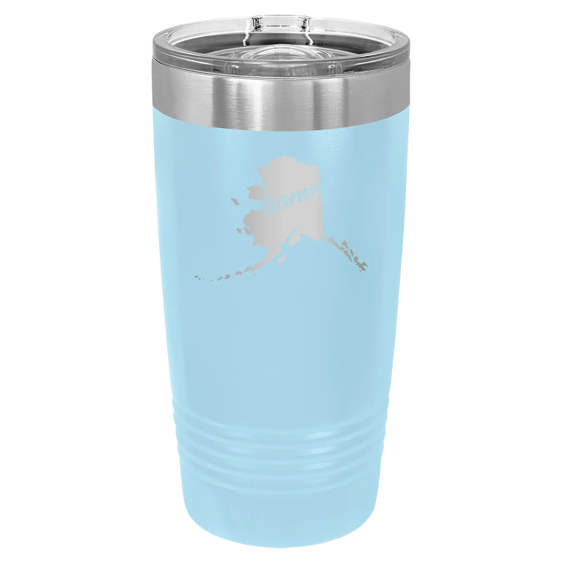 Laser etched light blue 20 oz vacuum insulated tumbler with 'Alaska Home' design