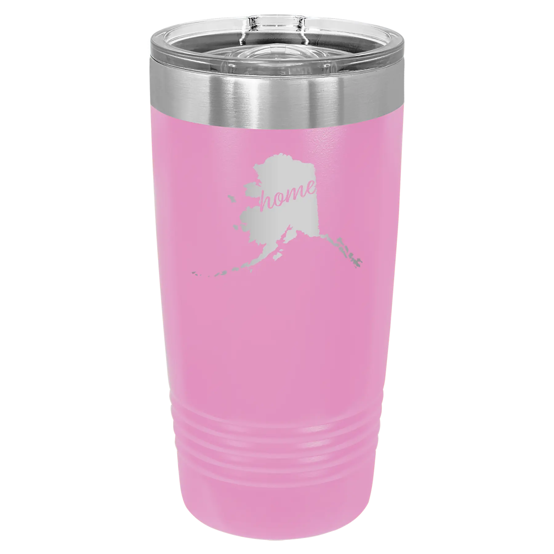 Laser etched light purple 20 oz vacuum insulated tumbler with 'Alaska Home' design